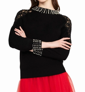 Wrinkle Resistant Lace Detail Sweater In Black