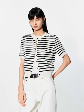 Multi Panel Design Round Neck Striped Cardigan