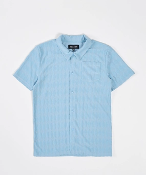 Diamond Plate Towel Color Blocked Short Sleeve Button Down Shirt - Light Blue Unstructured Fit