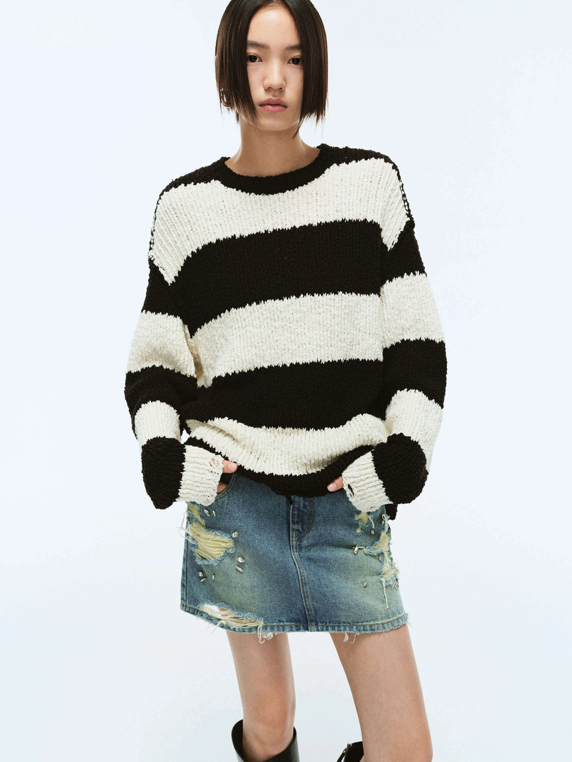 Distressed Detail Loose Sweater Ventilated Mesh Panels