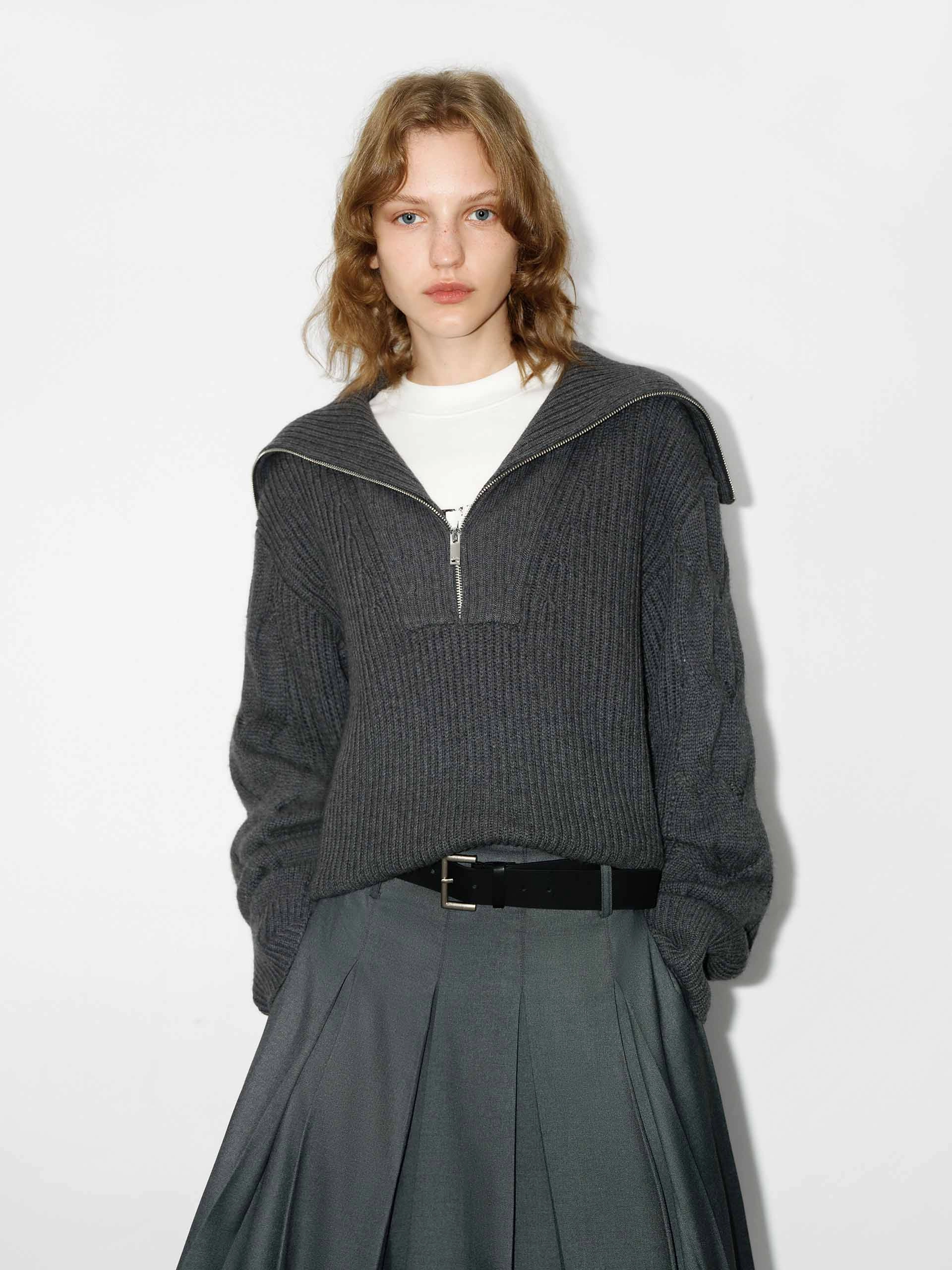 ReinforcedHem Navy Collar Ribbed Knit Top
