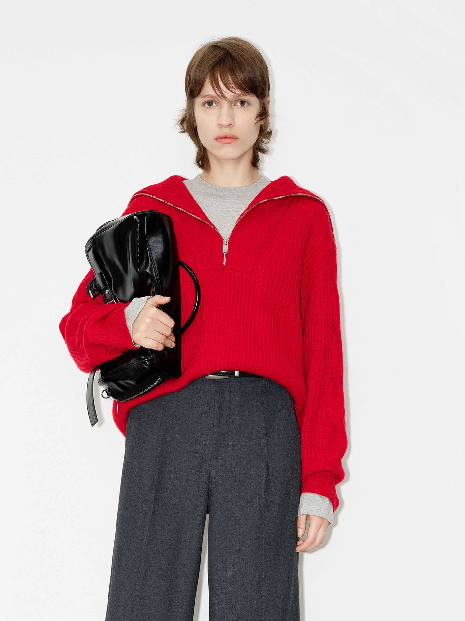 Weighted Hem Design Layered Neckline Navy Collar Ribbed Knit Top