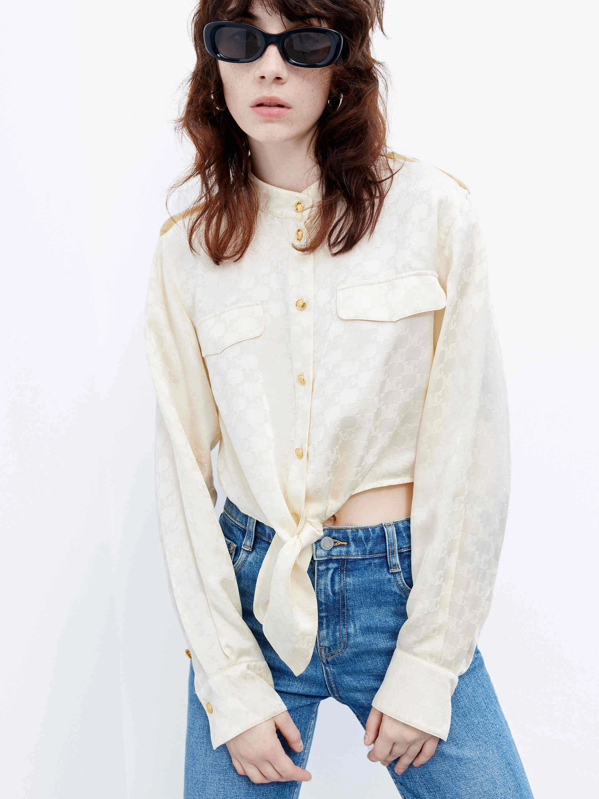 Tie Front Jacquard Shirt Ribbed Trims Hidden Storage Pocket