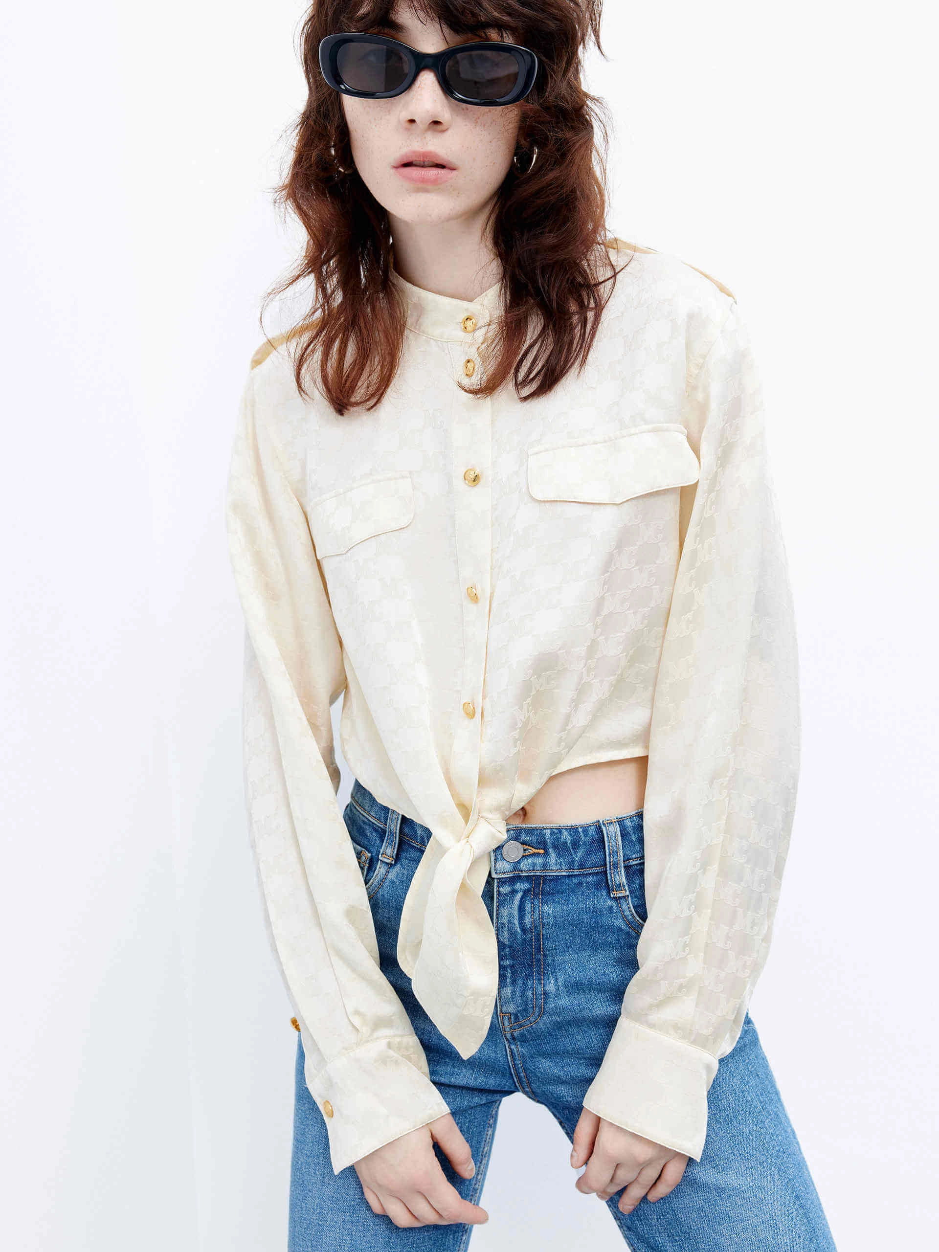 Tie Front Jacquard Shirt Eco Friendly Fabric