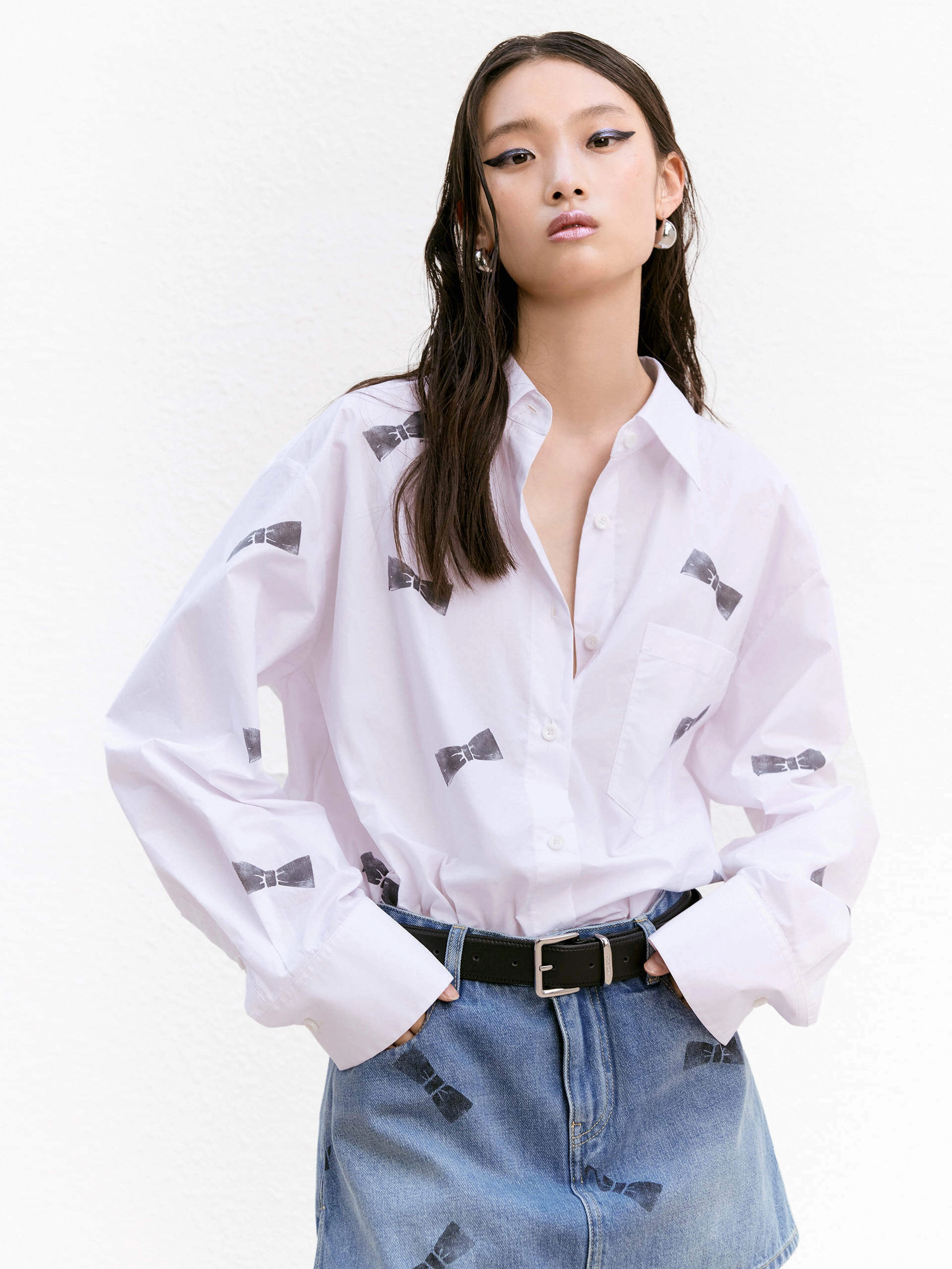 High Neckline Bowknot Pattern Cotton Shirt
