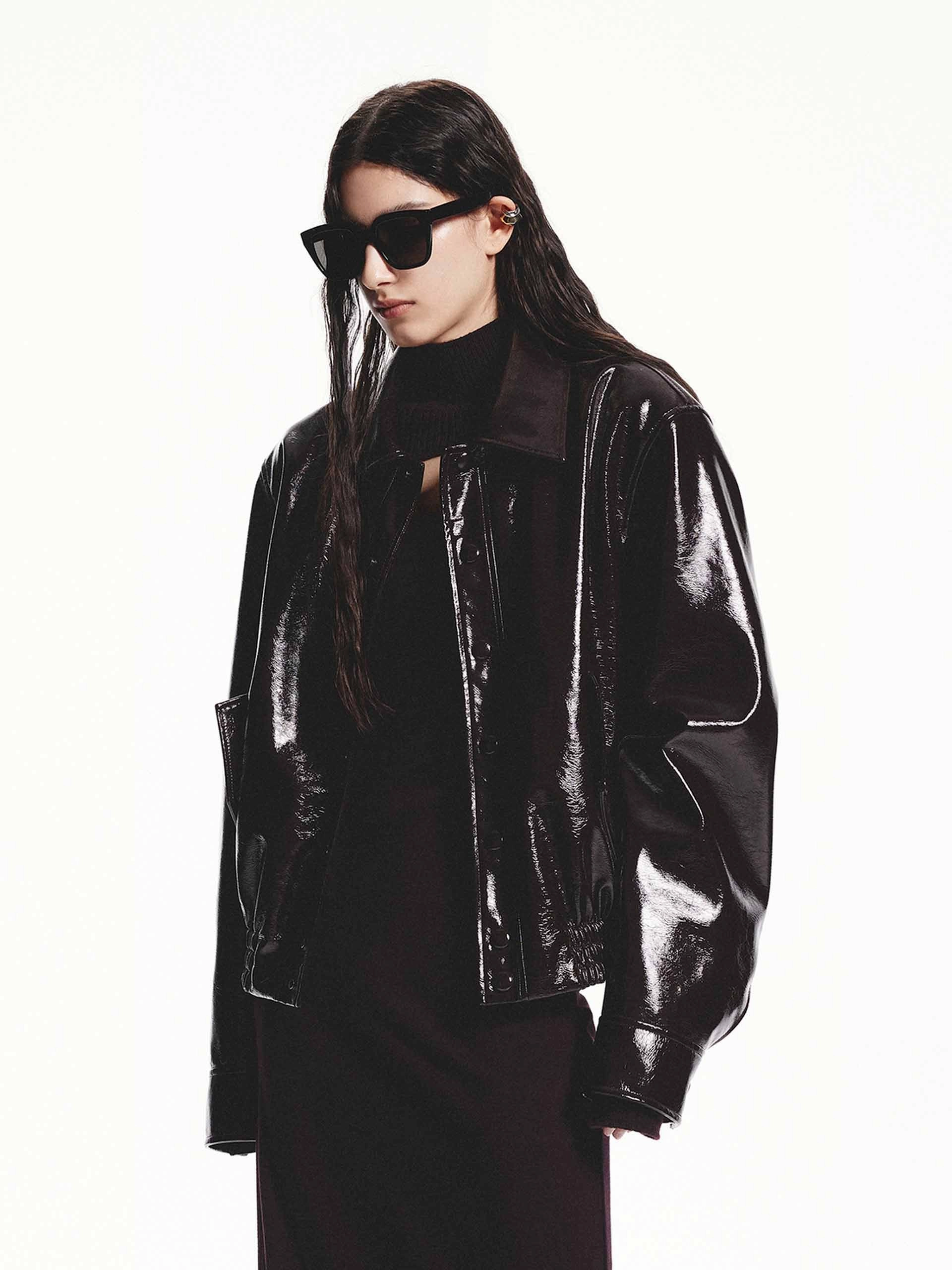 Snap Button Leather Jacket AbrasionResistantSurface UltraQuietMaterial