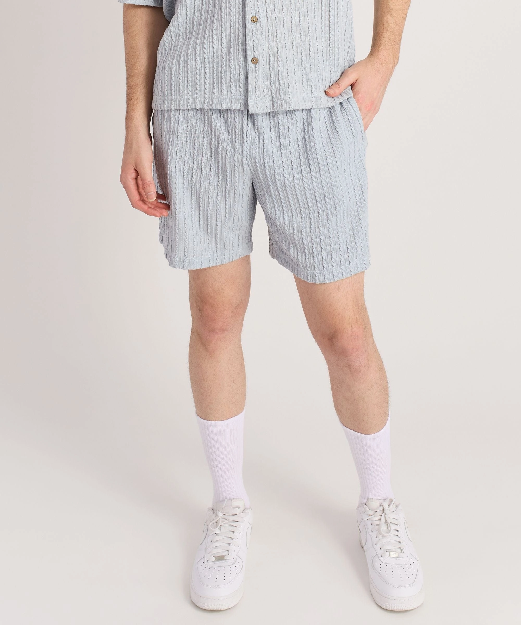 RelaxedNeckline Jacquard Knit Textured Shorts - Light Blue