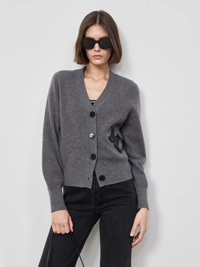 Interlock Weave LaserCut Edges Merino Wool MC Print Cardigan