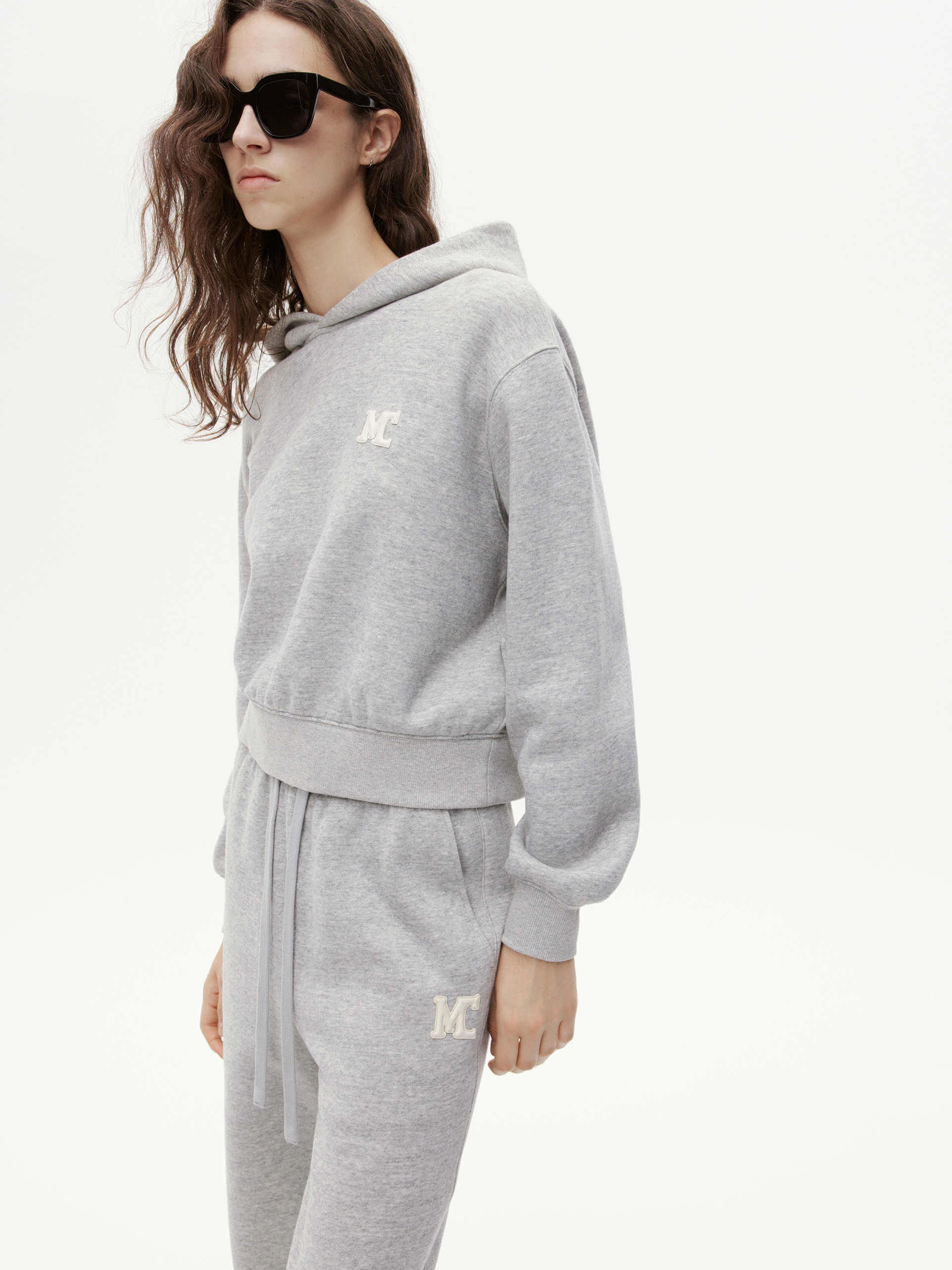 High Neckline Reinforced Neckline Detail Cotton Hooded Sweatshirt