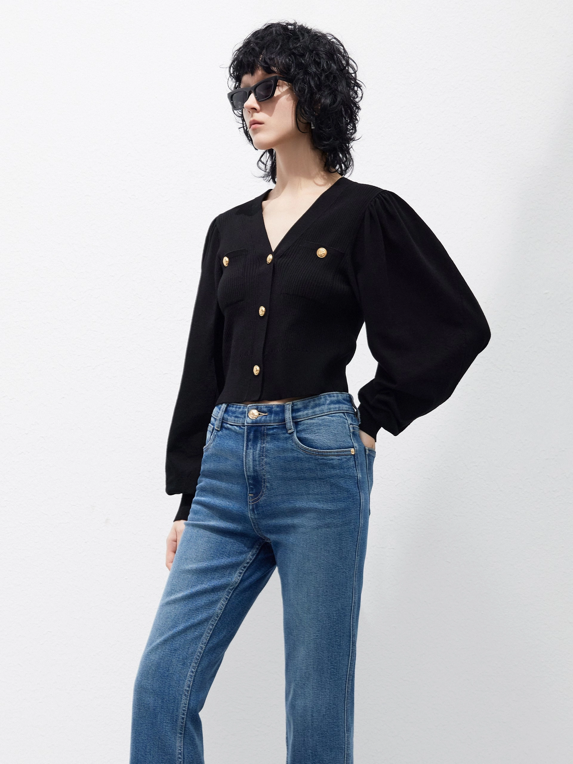 UltraSoftLining Stretch Blouse Puff Sleeves Ribbed Knit Cardigan