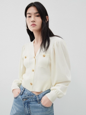 FadeResistant Coating Puff Sleeves Ribbed Knit Cardigan