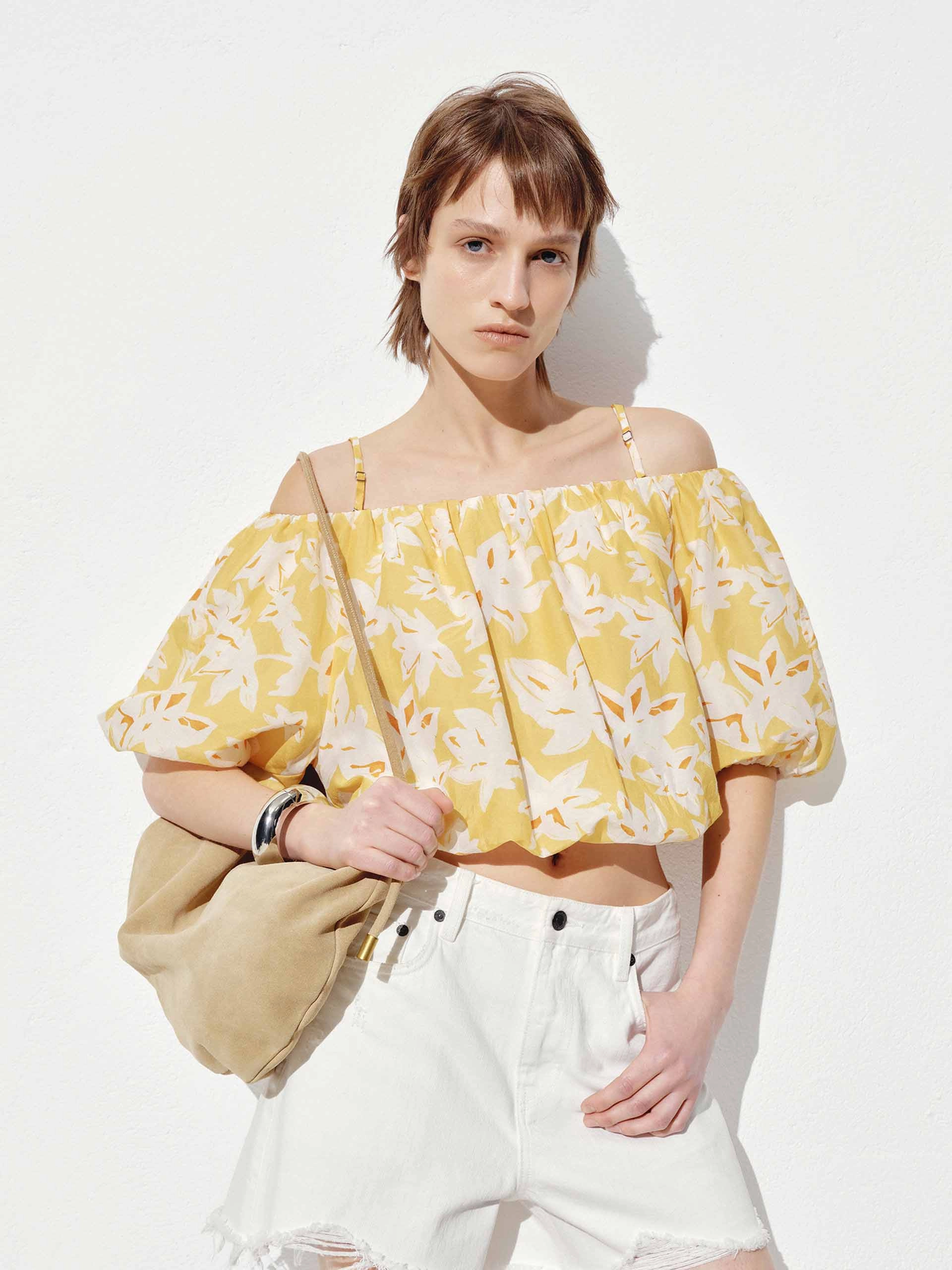 Reflective Trim Circular Knit Technique Off-shoulder Flower Print Top