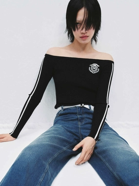 CrewNeck HoodedVersion Off Shoulder Ribbed Knit Top