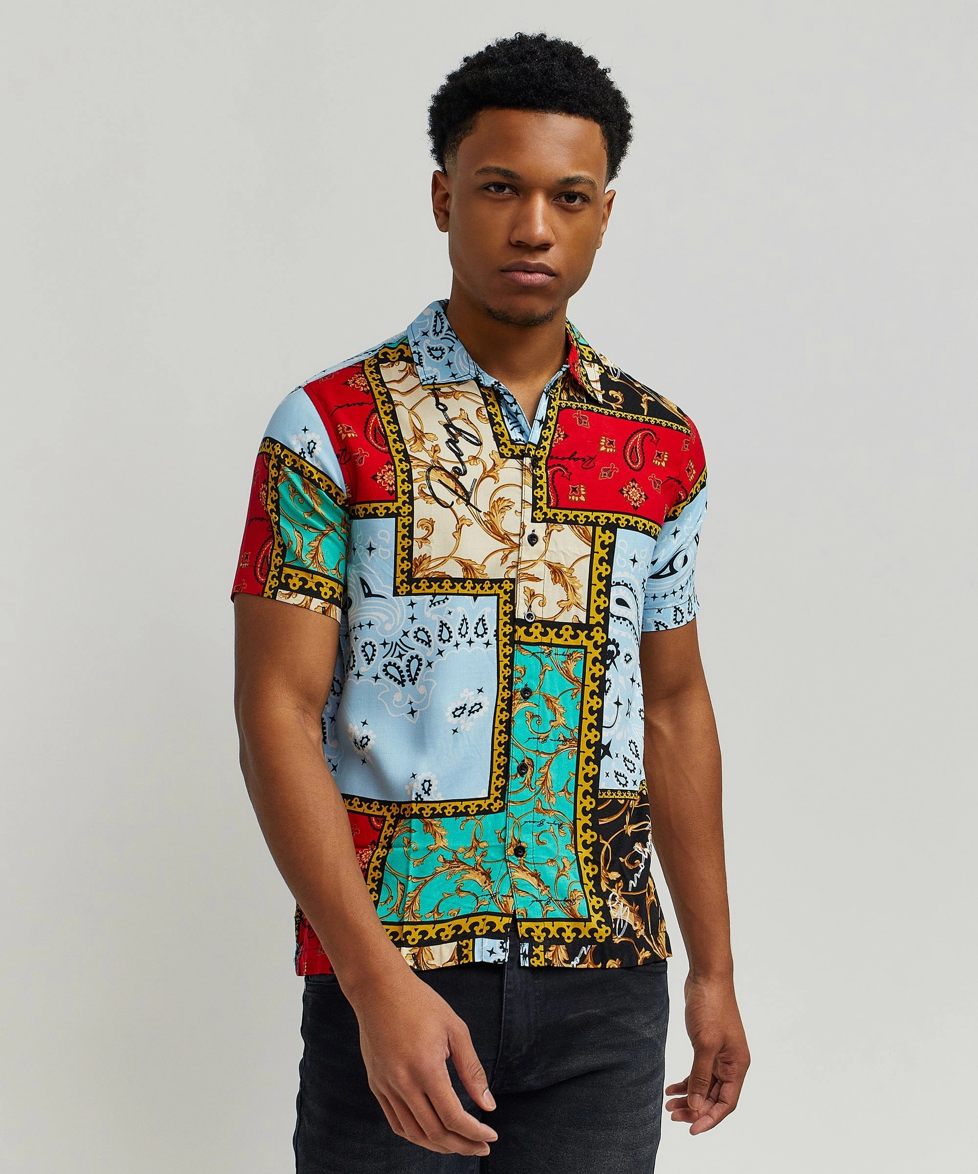 Stretch Comfort Flexible Ribbing Olympian Allover Print Short Sleeve Shirt