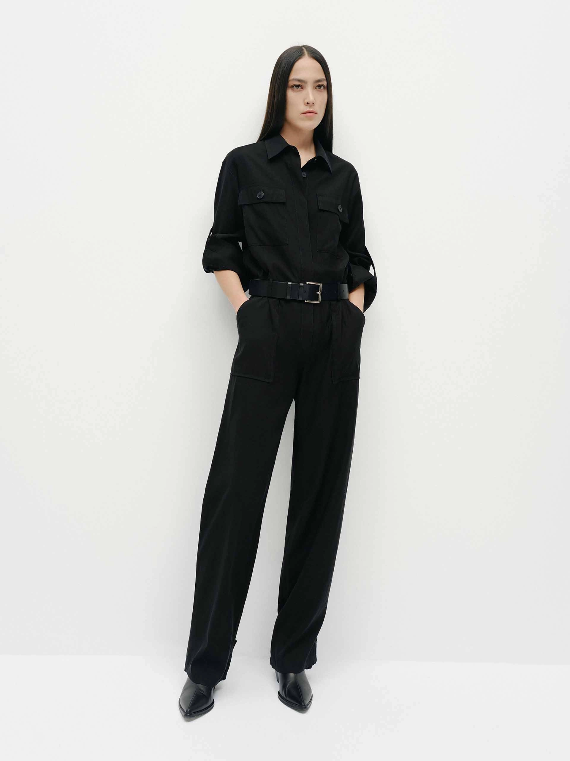 High Waist Shirt Style Jumpsuit Adjustable Belt Loops Cold Weather Wear