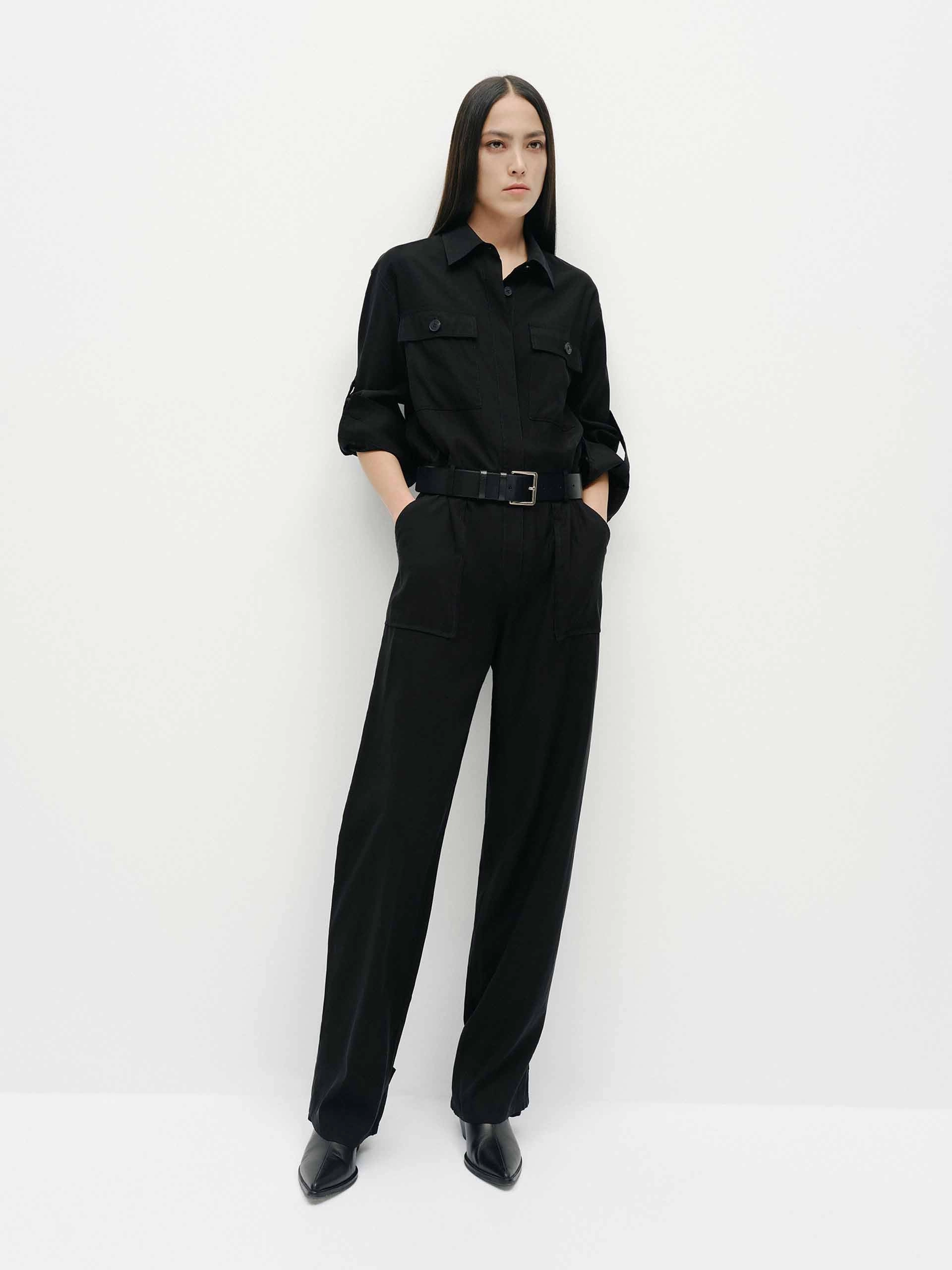 Form Fitting Flat Lock Seams High Waist Shirt Style Jumpsuit