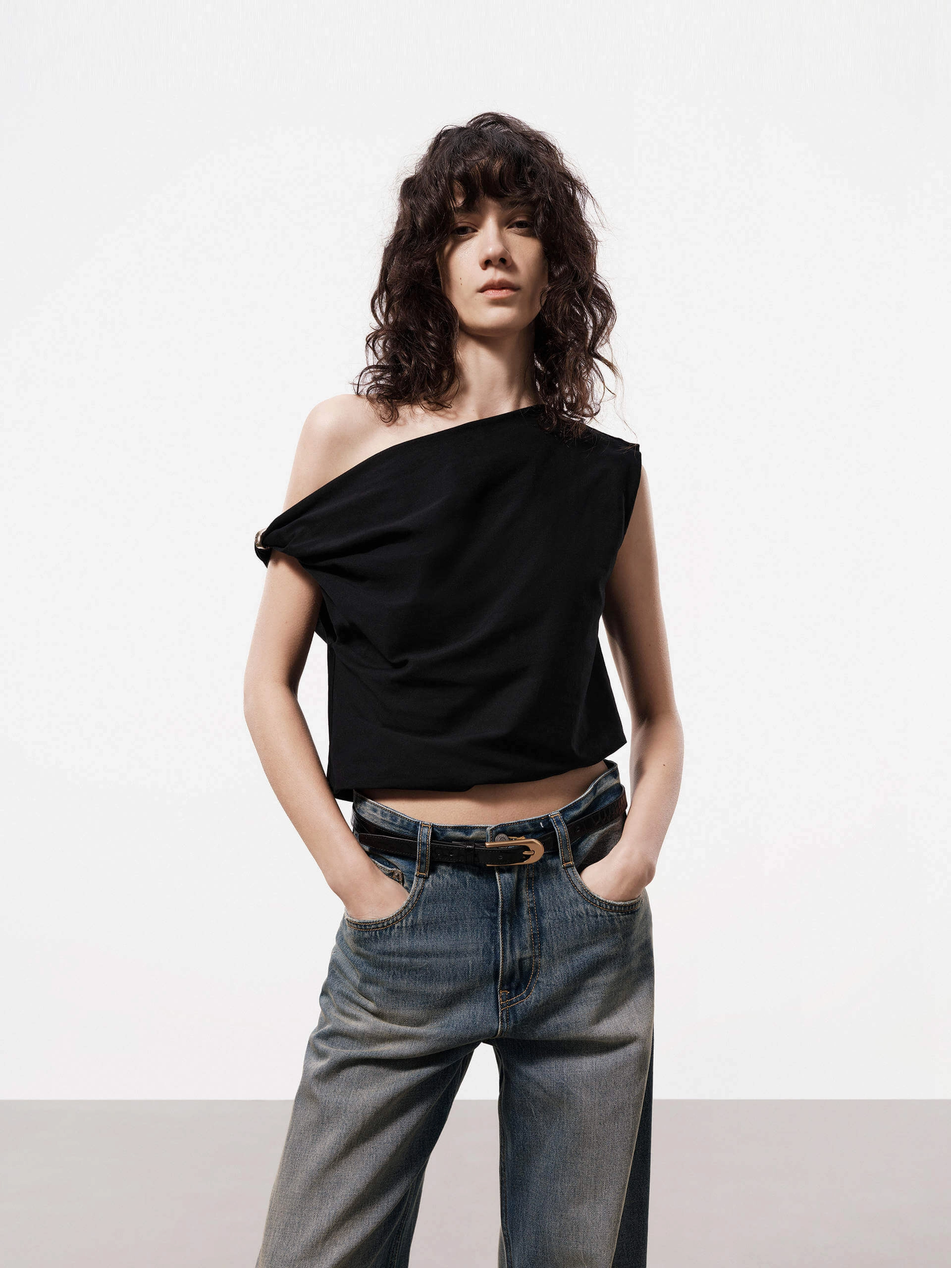 Classic Tank Foldable Cuff Design One Shoulder Cotton Top