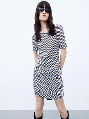 Crisp Silhouette Light Bow Open Back Checkered Dress