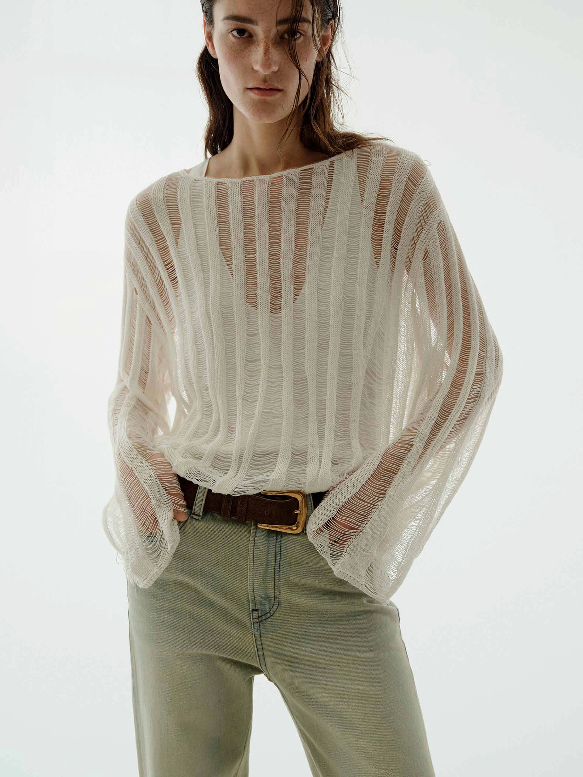 Open Knit Linen Sweater VNeckline