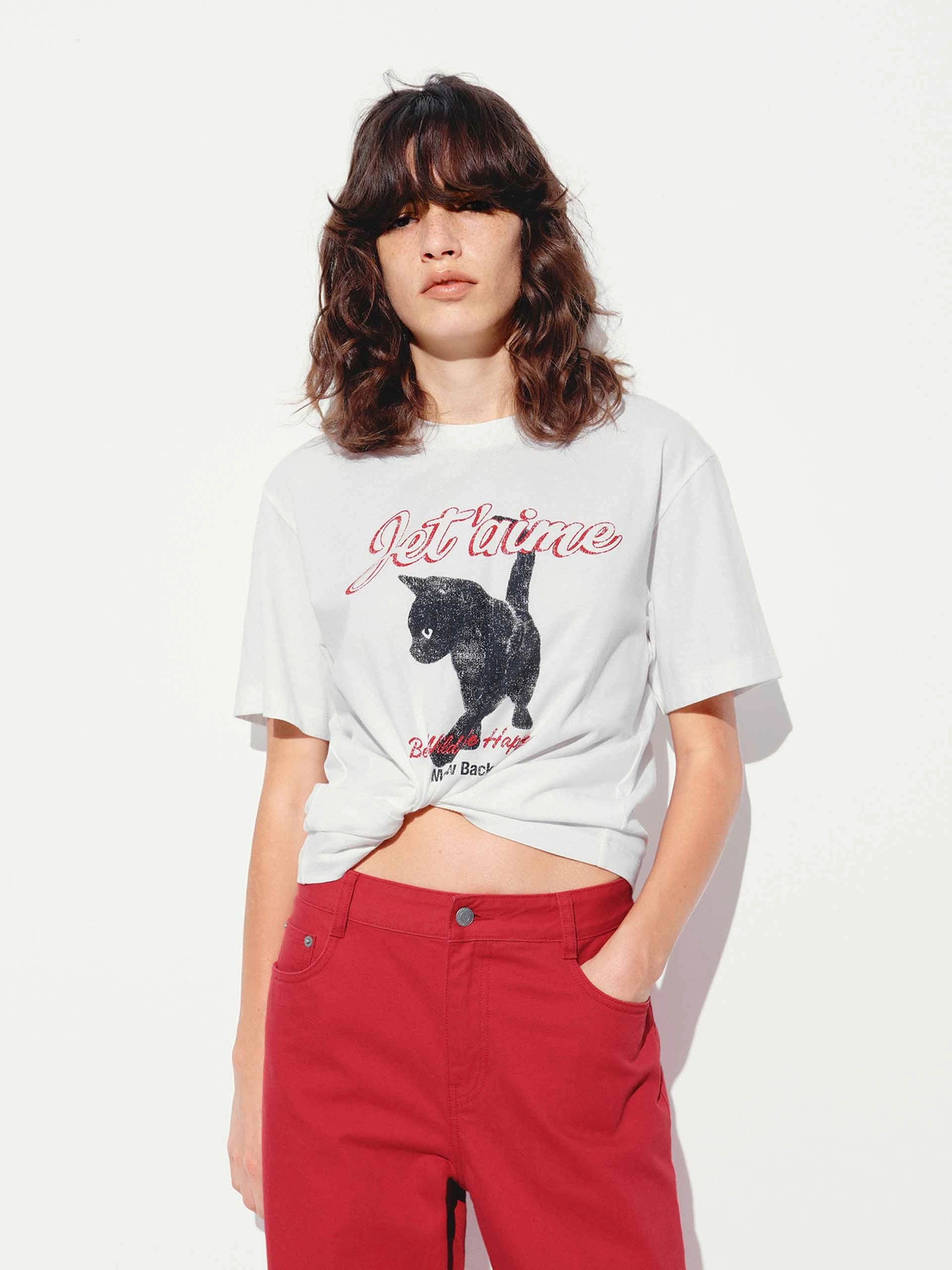 Light and Breathable Cat Printed Round Neck T-shirt
