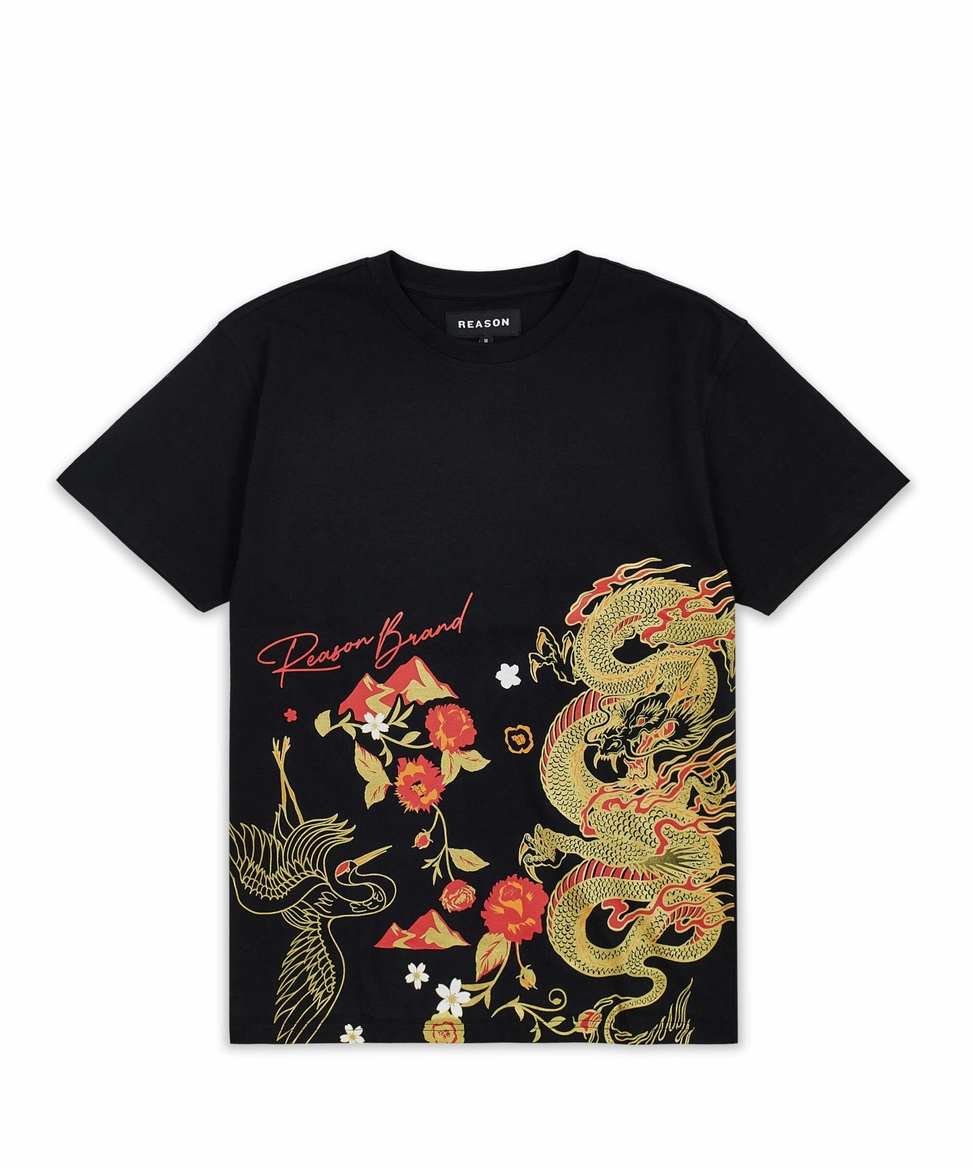 Multi Directional Zipper Placement Osaka Front Print Short Sleeve Tee - Black