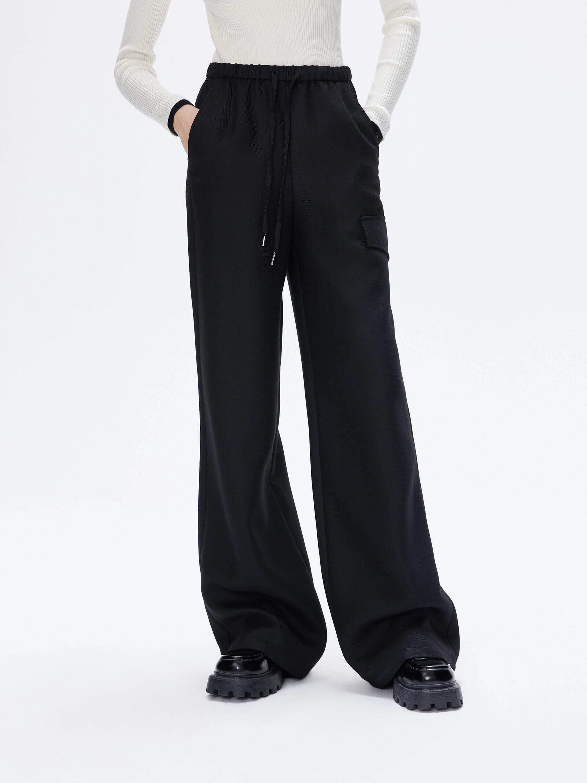 Drawstring Straight Leg Pants WrinkleResistantMaterial