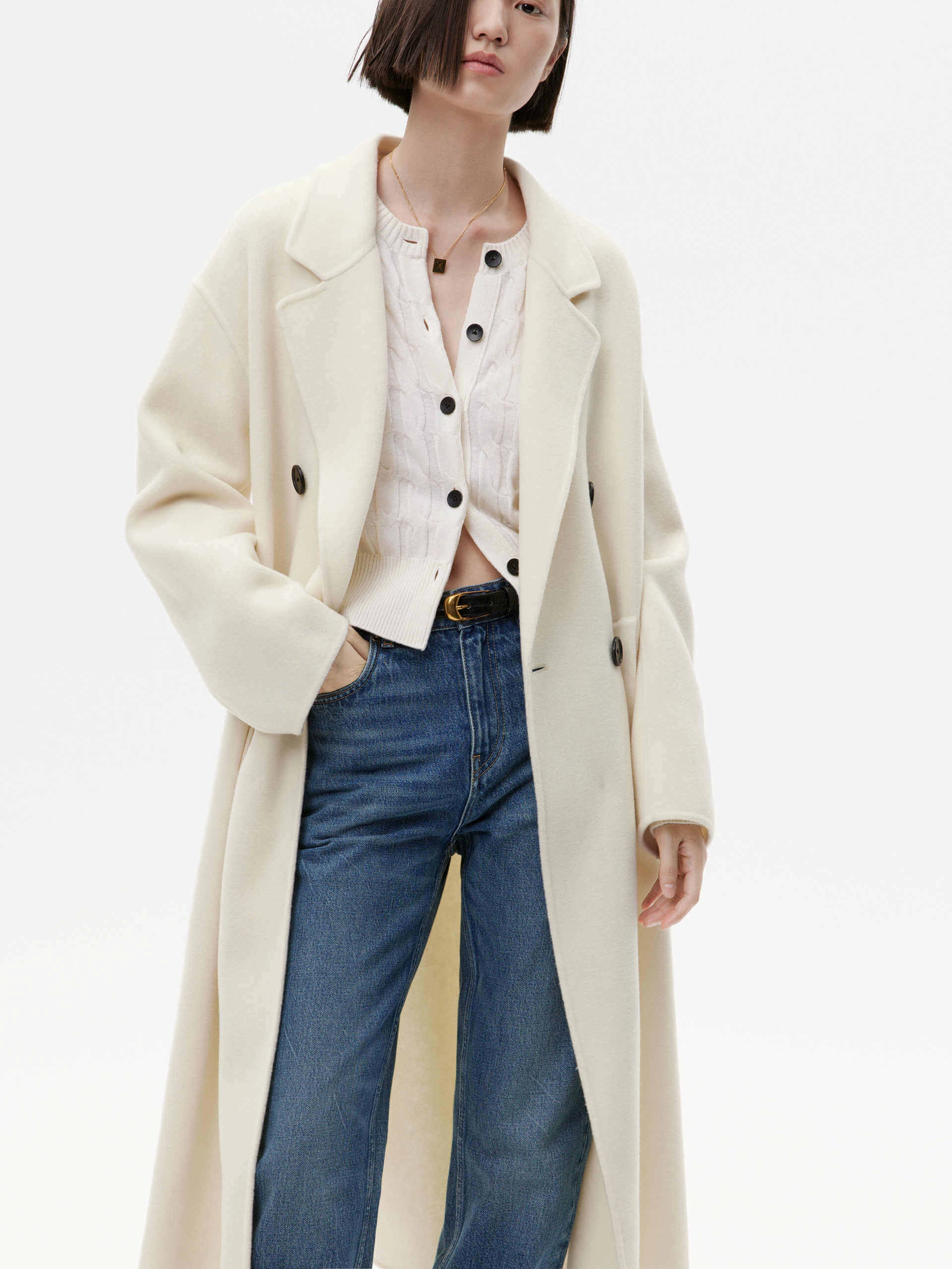 FoldableStorageCapability Down Filled Belted Double Faced Wool Coat