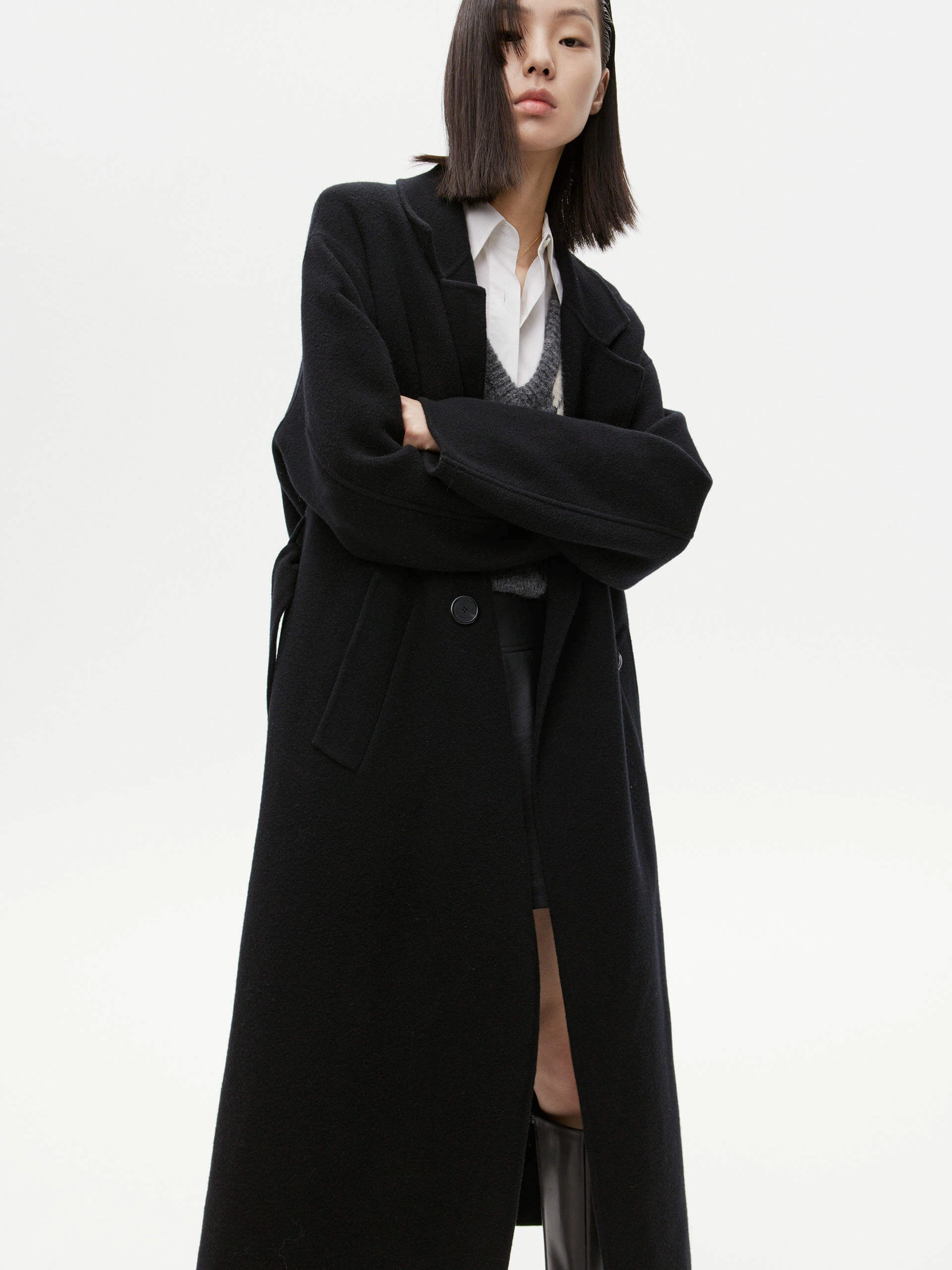 Belted Double Faced Wool Coat Bonded Closure Mechanism Casual Classic