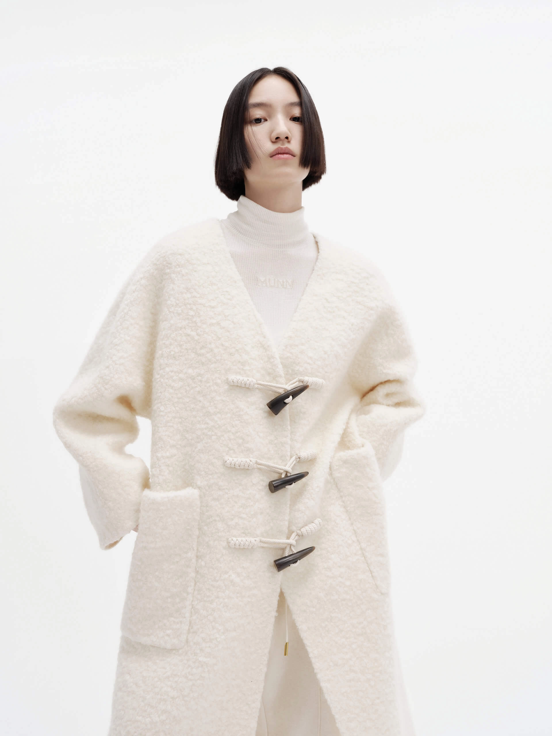 WaterRepellent Finish Windproof Closure Oversize Boucle Knit Coat