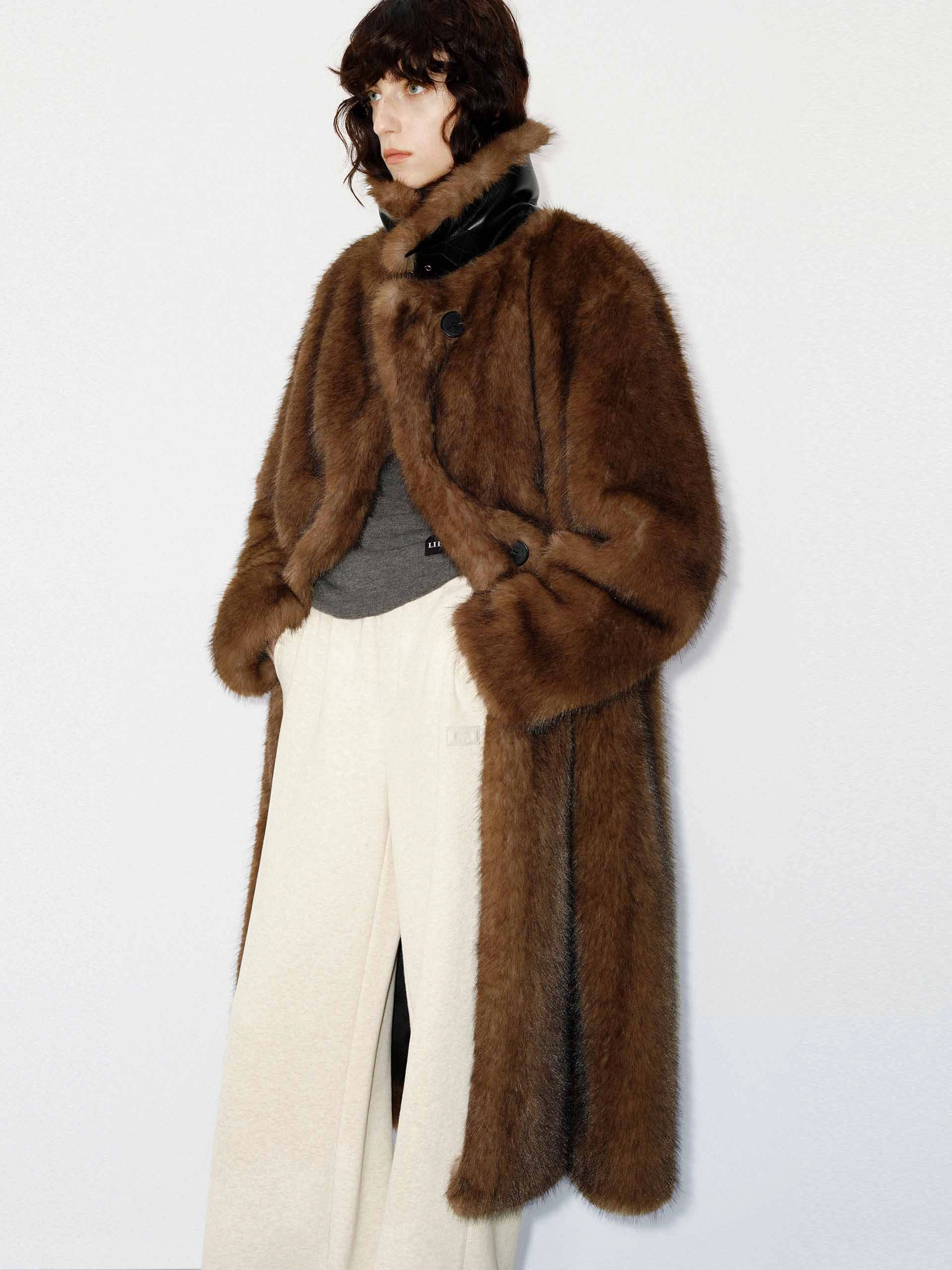 Oversized Faux Fur Coat Stretchable Waistband
