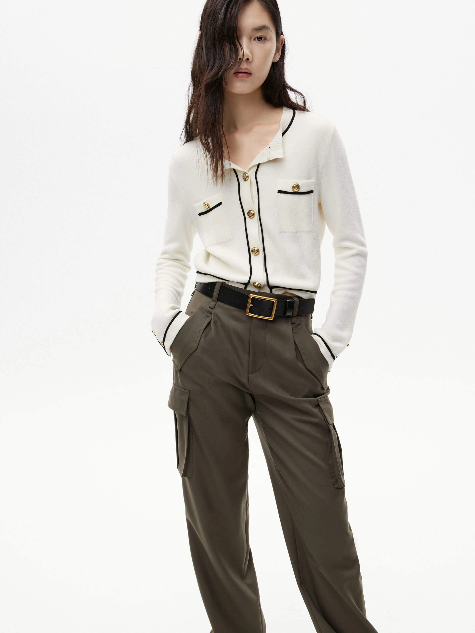 QuickDry Technology WrinkleResistantTextile Metallic Button Knit Cardigan