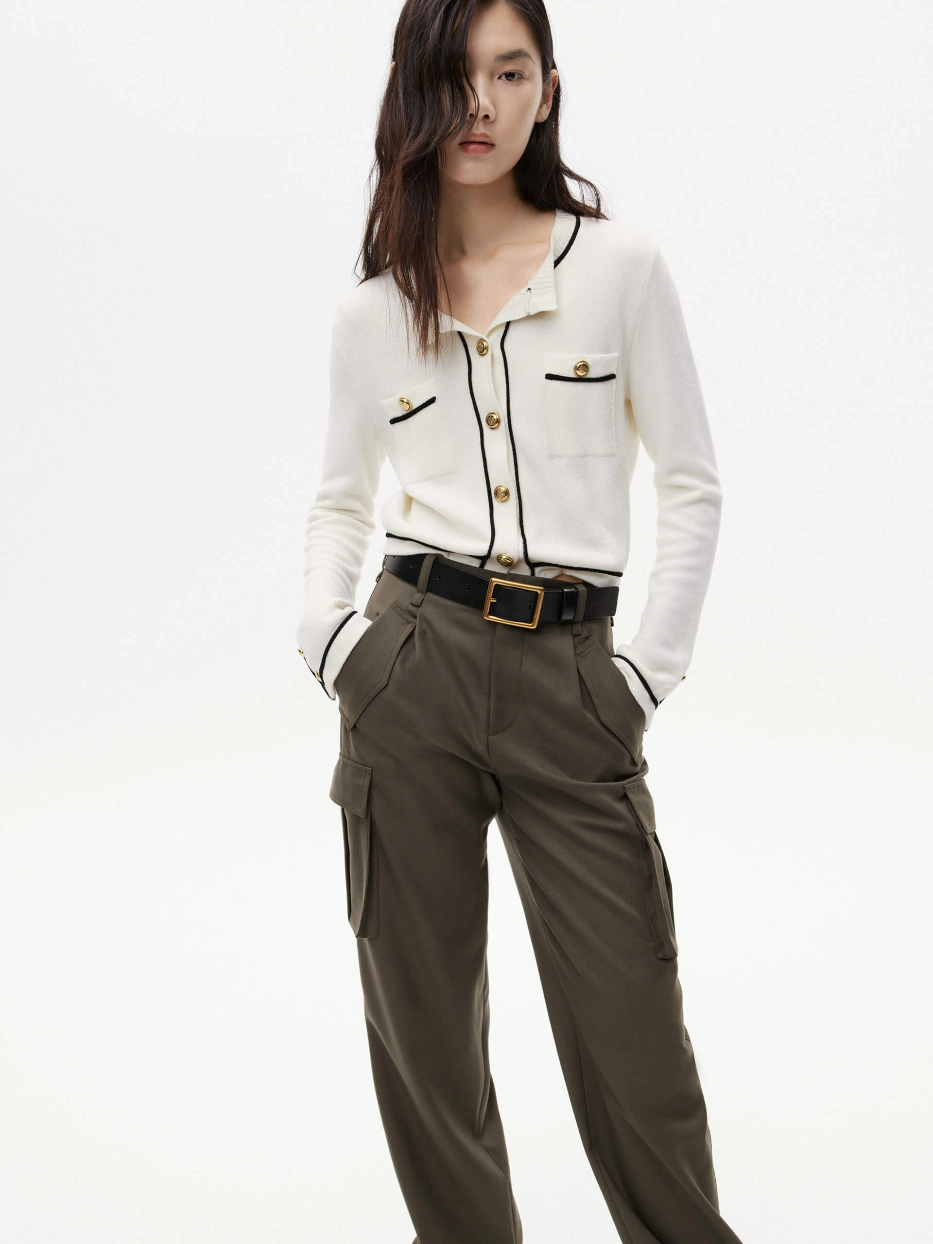 Sleeveless Tee Weighted Hem Design Metallic Button Knit Cardigan