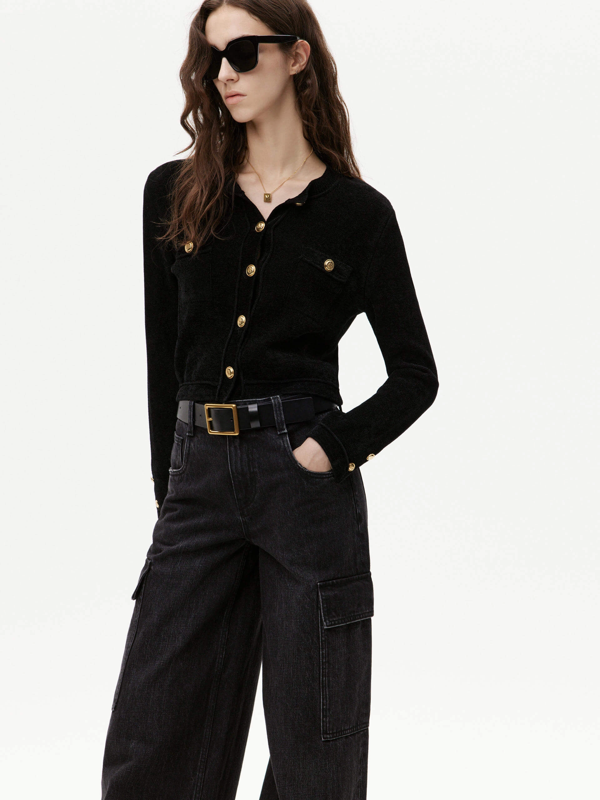 Non Restrictive Collar Metallic Button Knit Cardigan