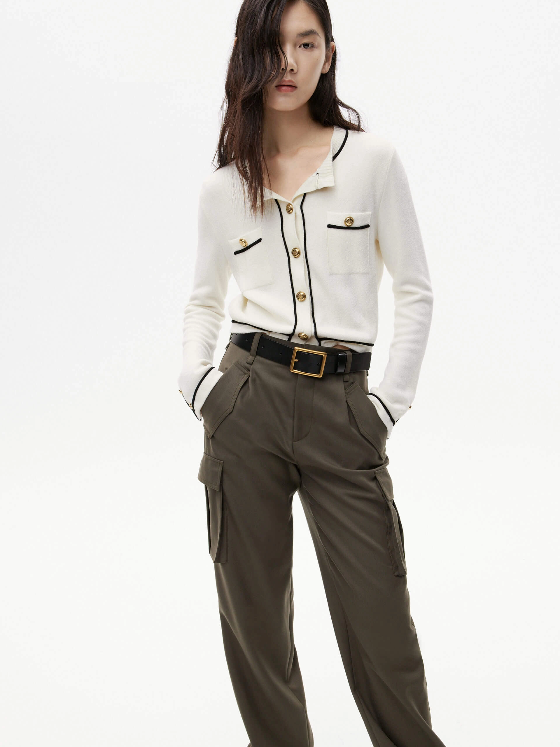 Metallic Button Knit Cardigan SecurePockets Double Chest Pocket