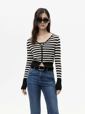 Striped Knitted Cardigan Set Formal top FlexibleElasticatedEdging