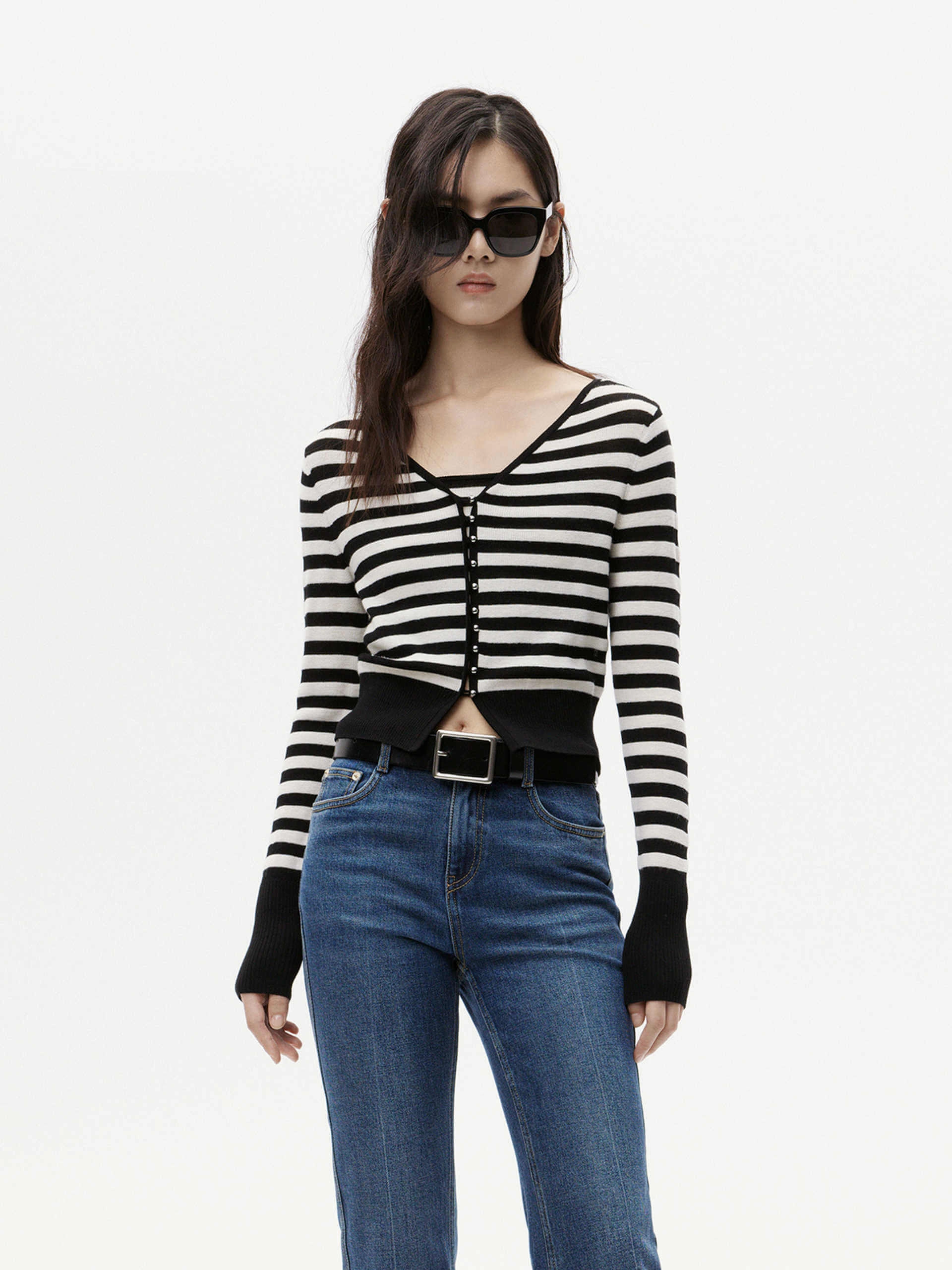 Striped Knitted Cardigan Set Formal top FlexibleElasticatedEdging