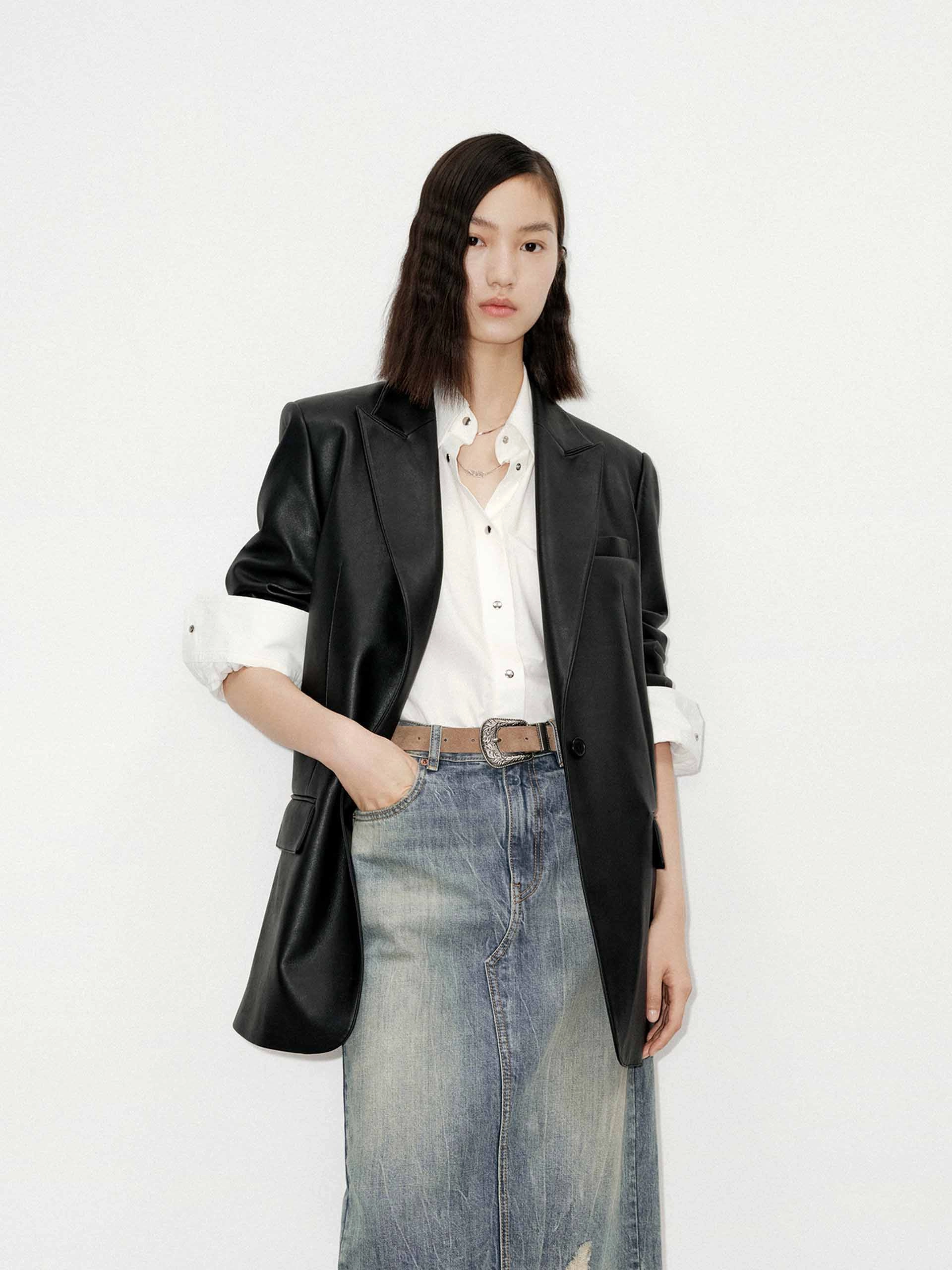 Compression Layer NoiseFreeMaterial Oversized Leather Blazer