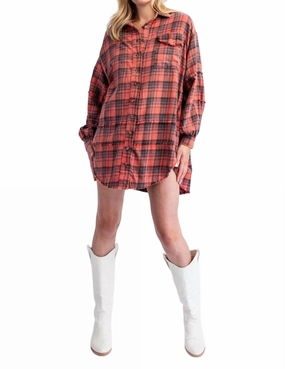 Oversized Soft Plaid Button Down Flannel In Pinkish Coral Warm Appeal