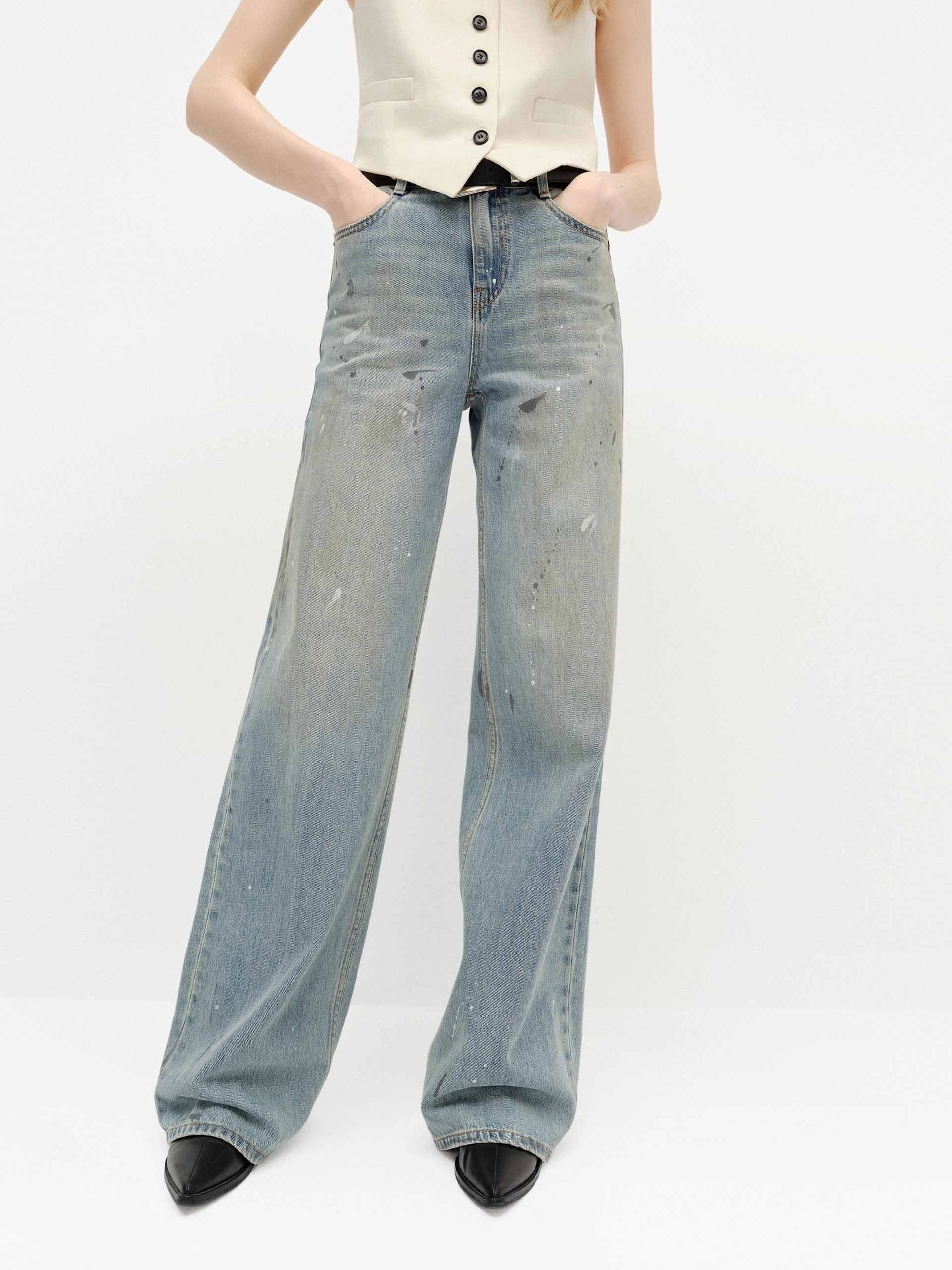 Paint Detail Straight Jeans Acid Wash Effect