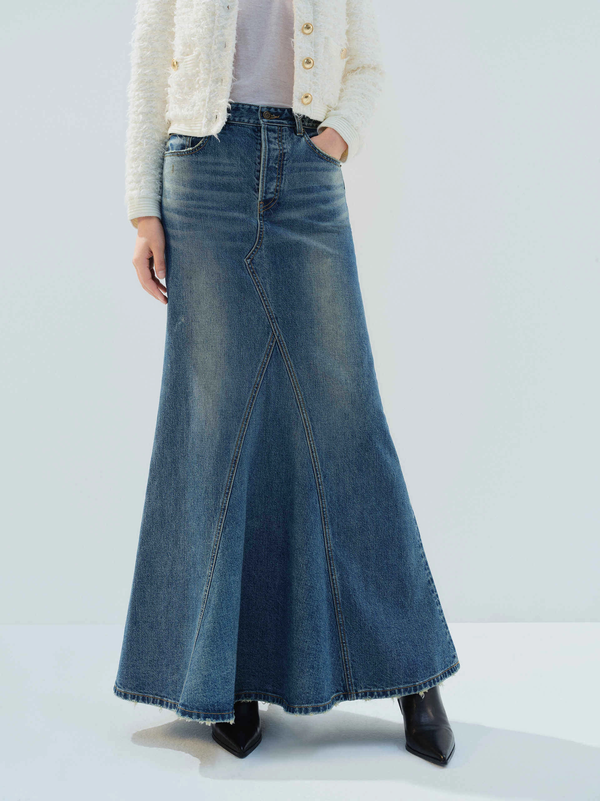 Paneled Denim Maxi Skirt Moisture control