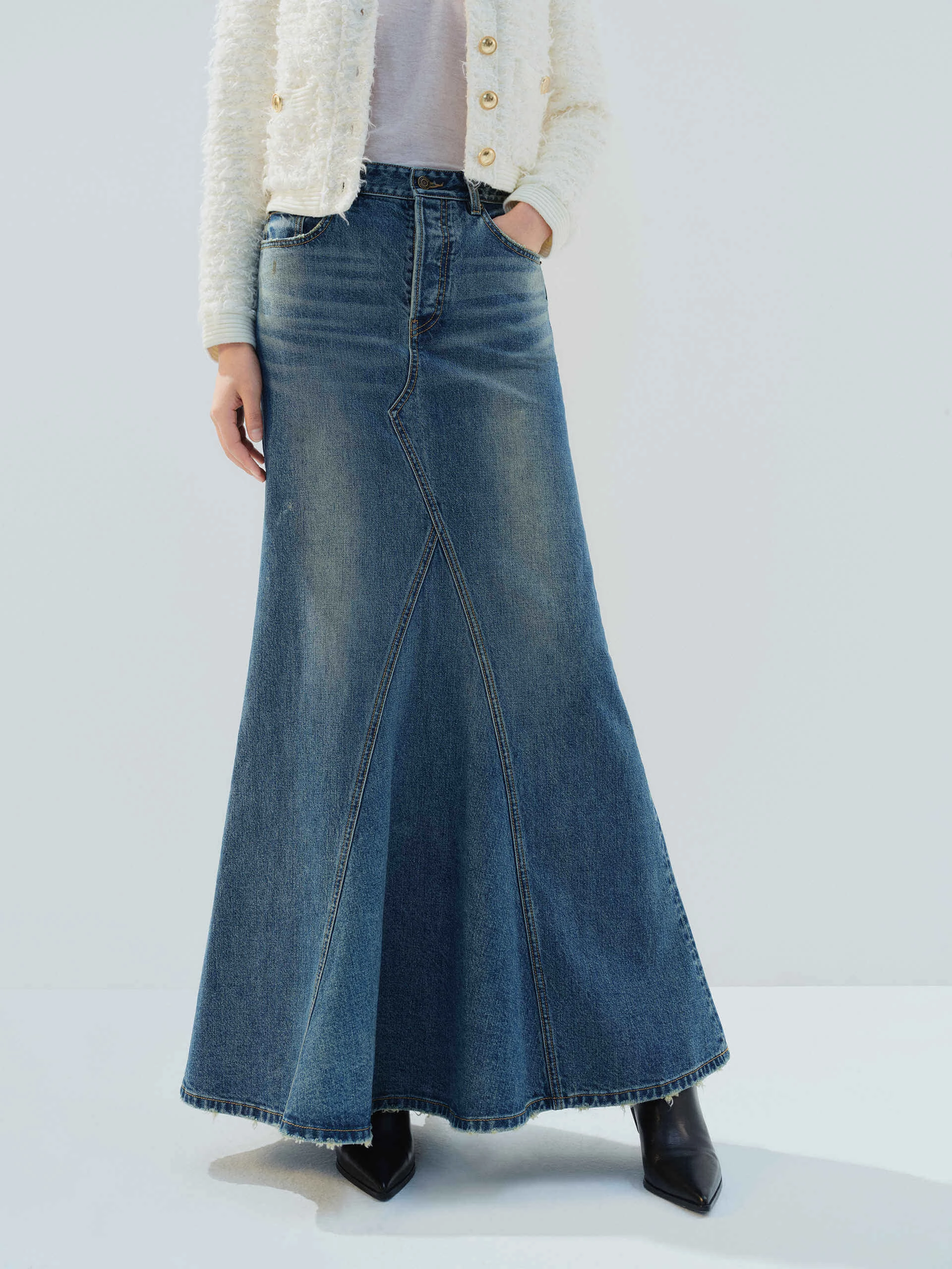 Ultimate Comfort Plaid detail Paneled Denim Maxi Skirt