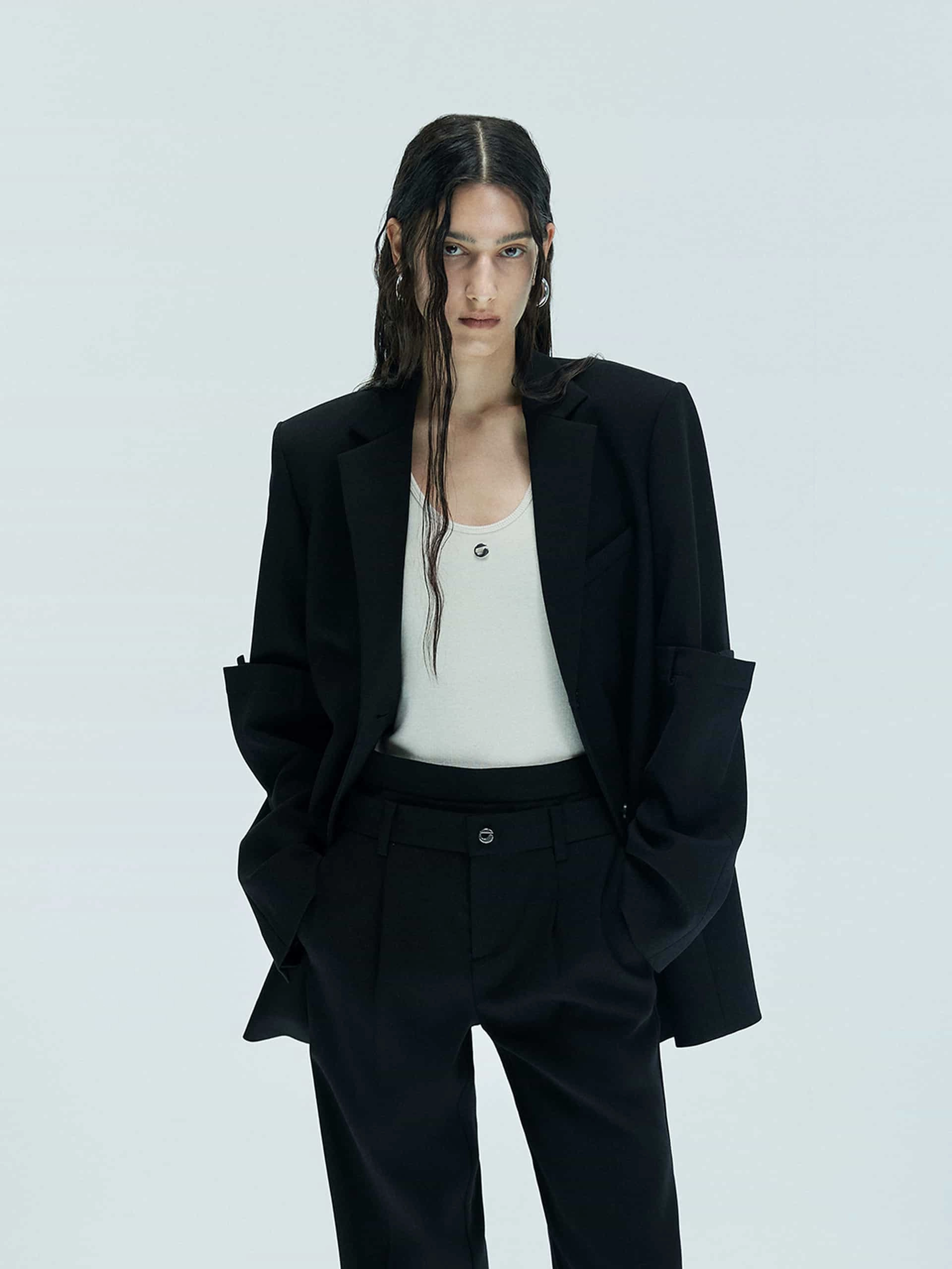 AbrasionResistant HighNeckDesign Paneled Detail Tailored Blazer