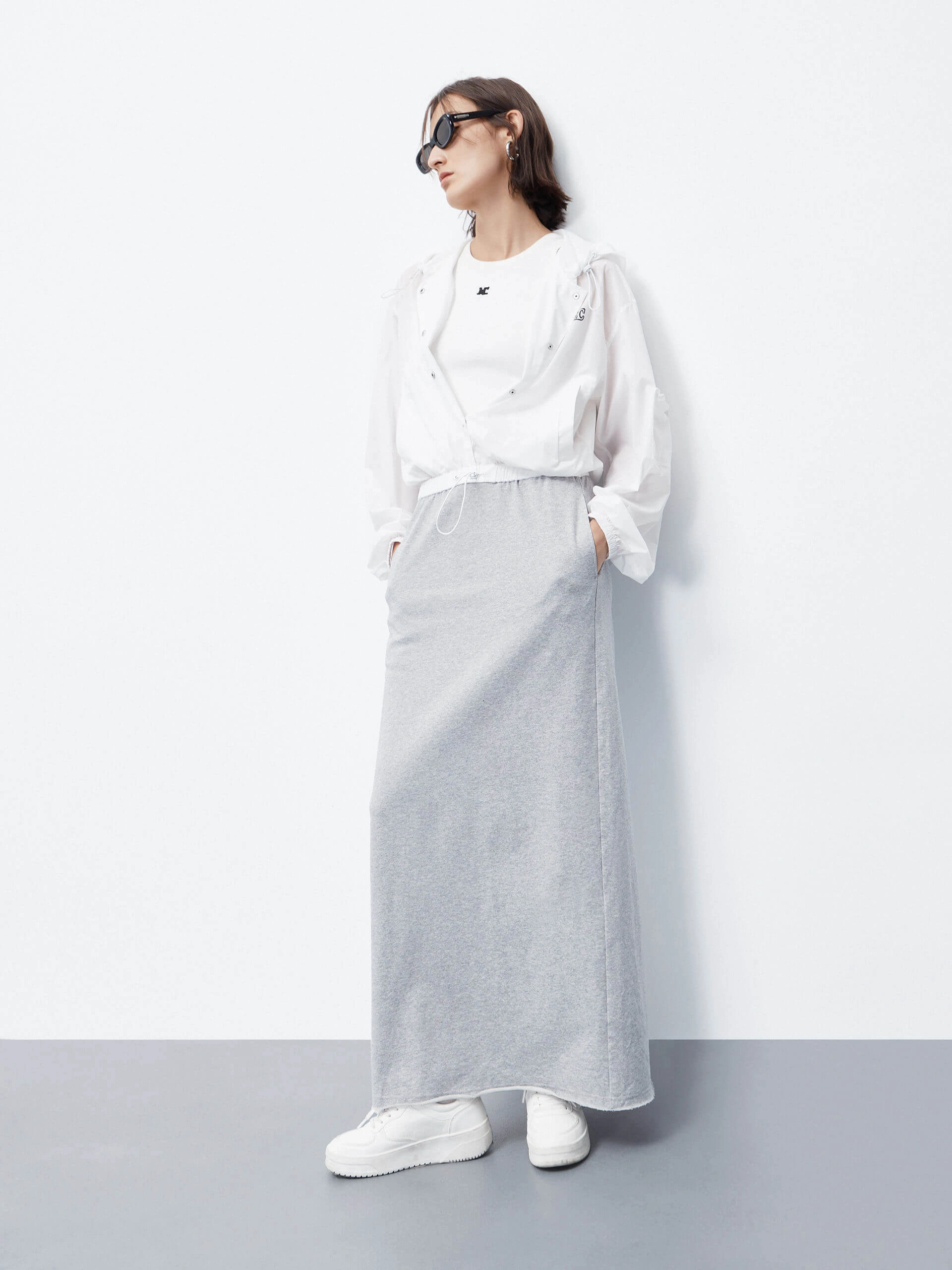 Paneled Hood Maxi Dress Embroidered-Detail Feminine flowing piece