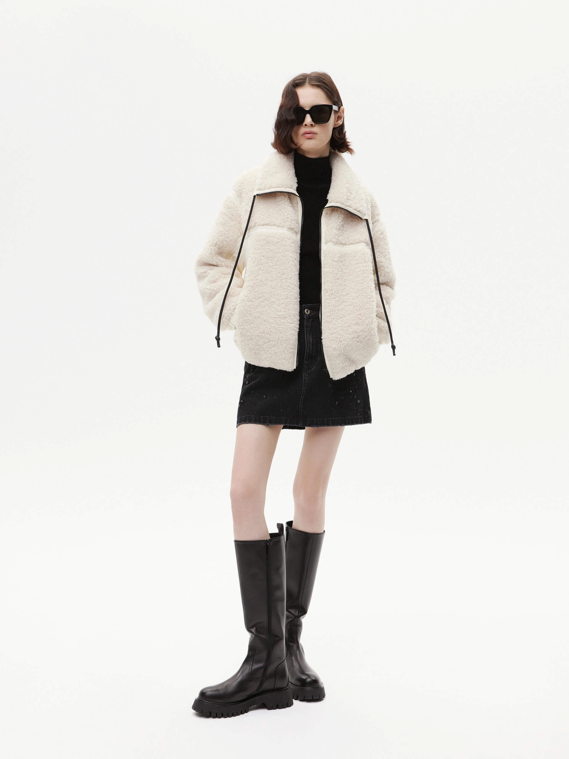 Panelled Fuzzy Puffer Jacket Vegan Leather Accents