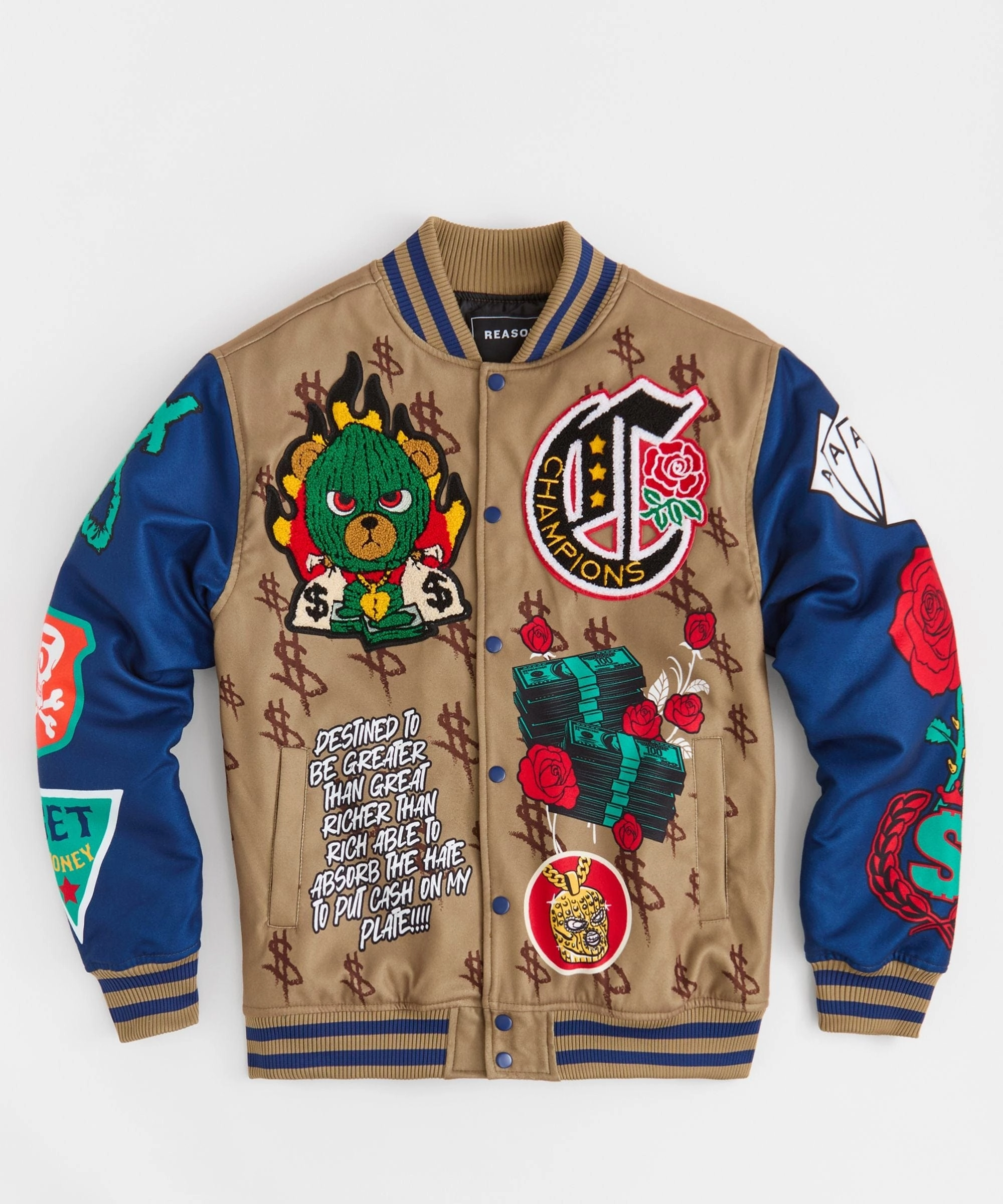 Paper Chaser Chenille Patched Varsity Jacket - Khaki Headphone Hole Flexible Shoulder Panels