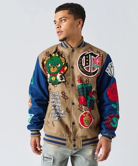 Multi pockets QuiltedPattern Paper Chaser Chenille Patched Varsity Jacket - Khaki