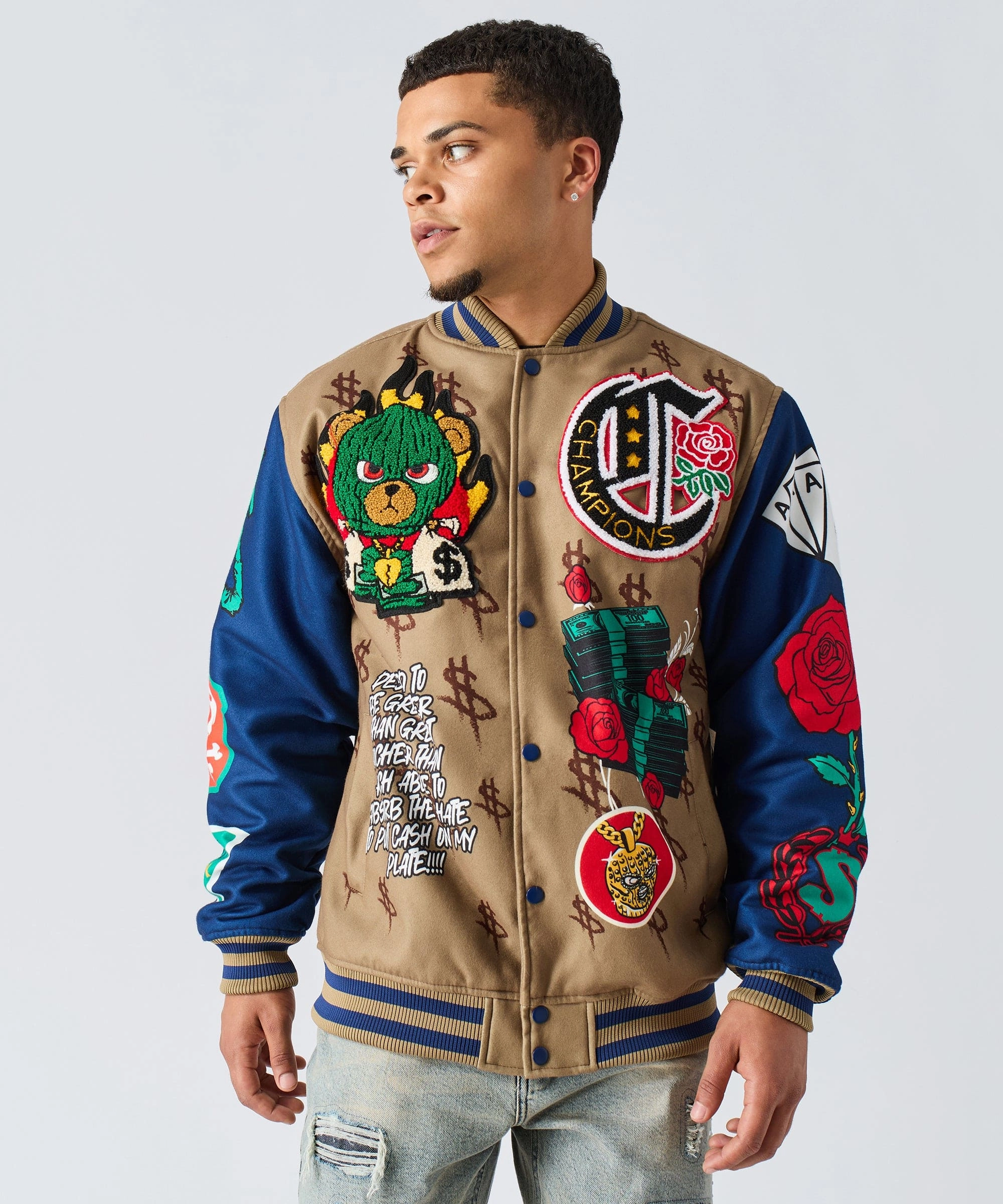 Multi pockets QuiltedPattern Paper Chaser Chenille Patched Varsity Jacket - Khaki