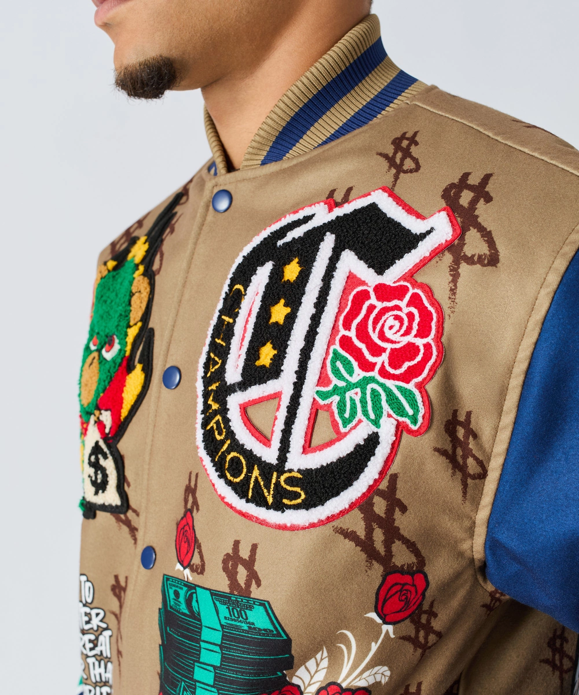 Paper Chaser Chenille Patched Varsity Jacket - Khaki Hidden Ventilation Zones Down Filled