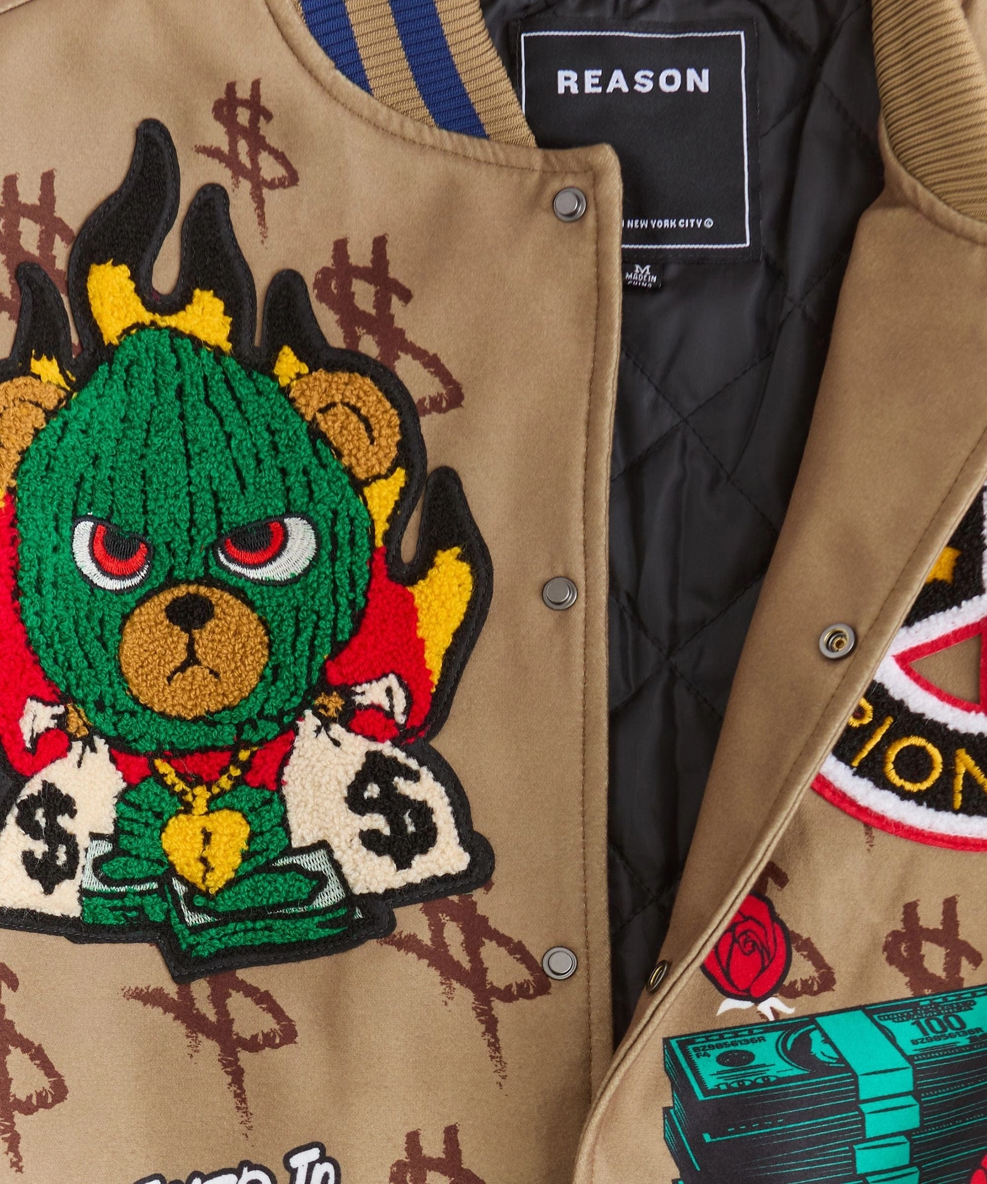 Effortless Look Paper Chaser Chenille Patched Varsity Jacket - Khaki