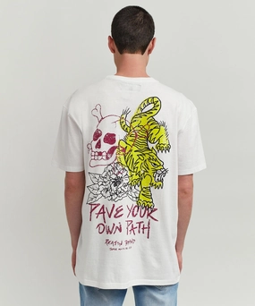 Pave Your Own Path Short Sleeve Graphic Print Embroidered Detail Tee - White Sustainable Material Blend